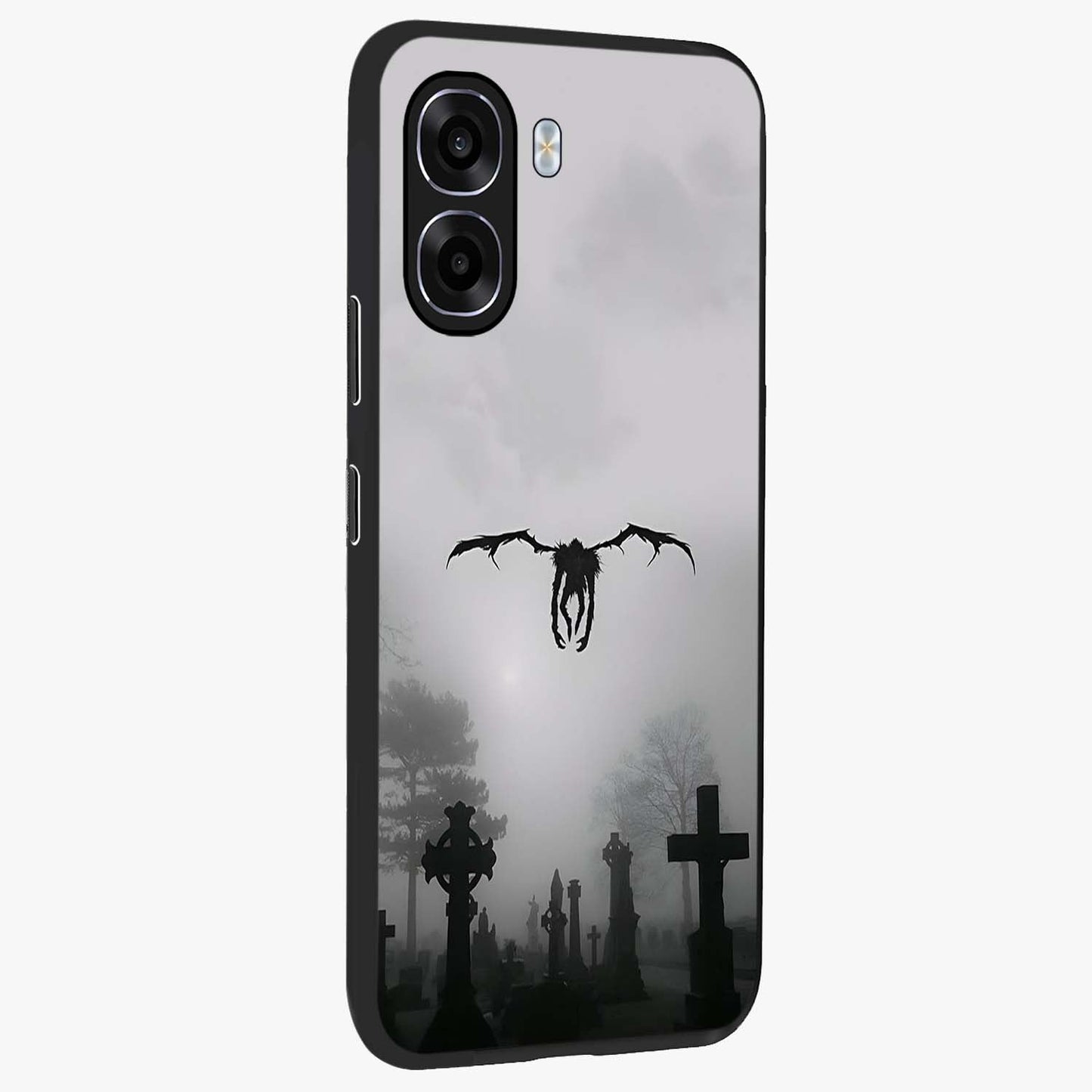 Graveyard Shadow Descent Glass Case upright view showcasing haunting graveyard artwork with dramatic dark theme.