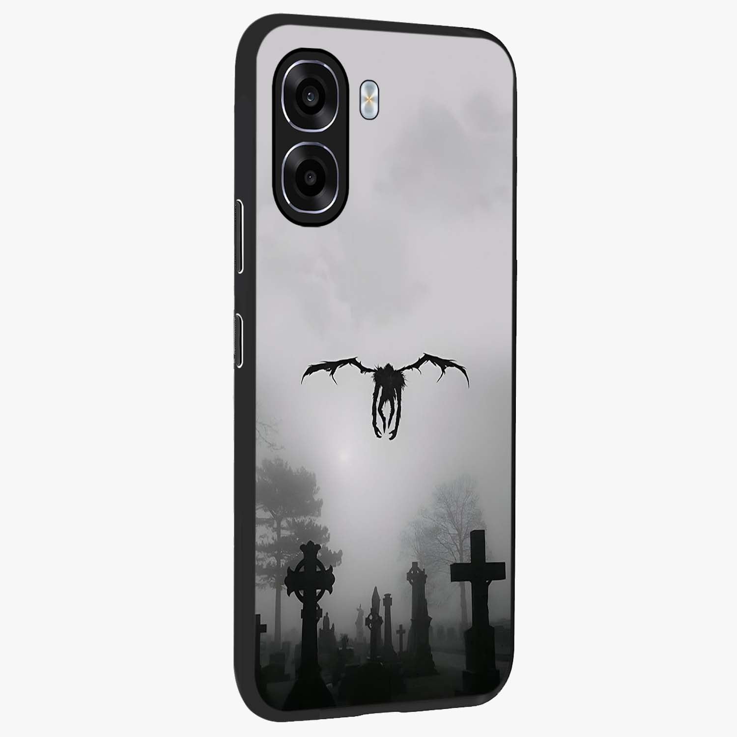 Graveyard Shadow Descent Glass Case upright view showcasing haunting graveyard artwork with dramatic dark theme.