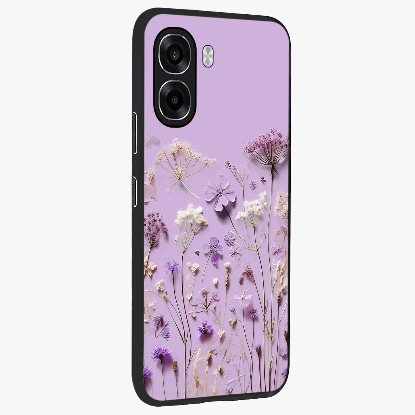 Lavender Blossom Dream Glass Case upright view showcasing delicate lavender blossom artwork with peaceful floral theme.