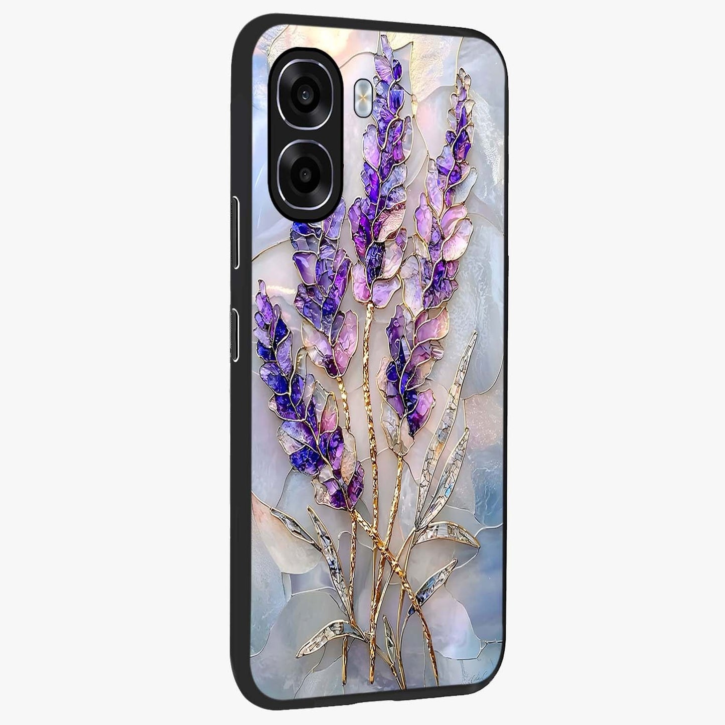 Lavender Dream Glow Glass Case upright view showcasing radiant lavender glow artwork with calming dreamy theme.