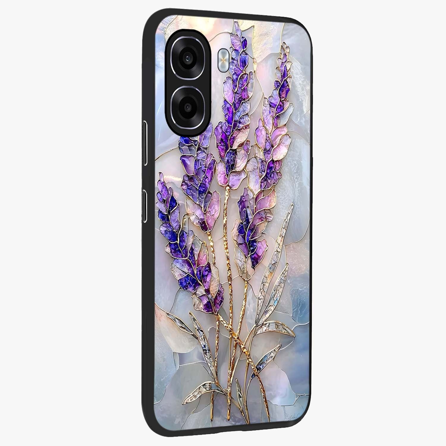 Lavender Dream Glow Glass Case upright view showcasing radiant lavender glow artwork with calming dreamy theme.