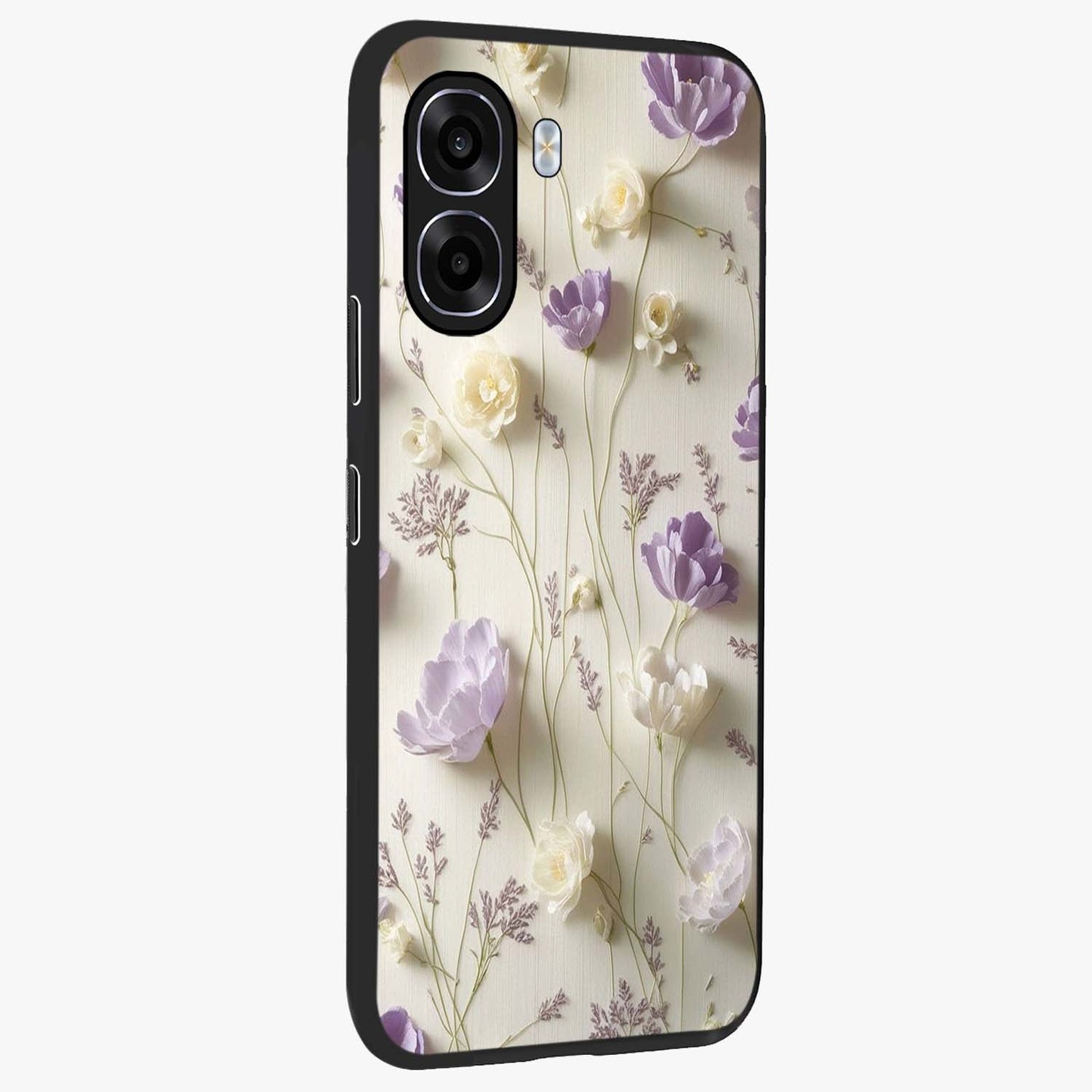 Lilac Breeze Harmony Glass Case upright view showcasing delicate lilac artwork with peaceful floral theme.