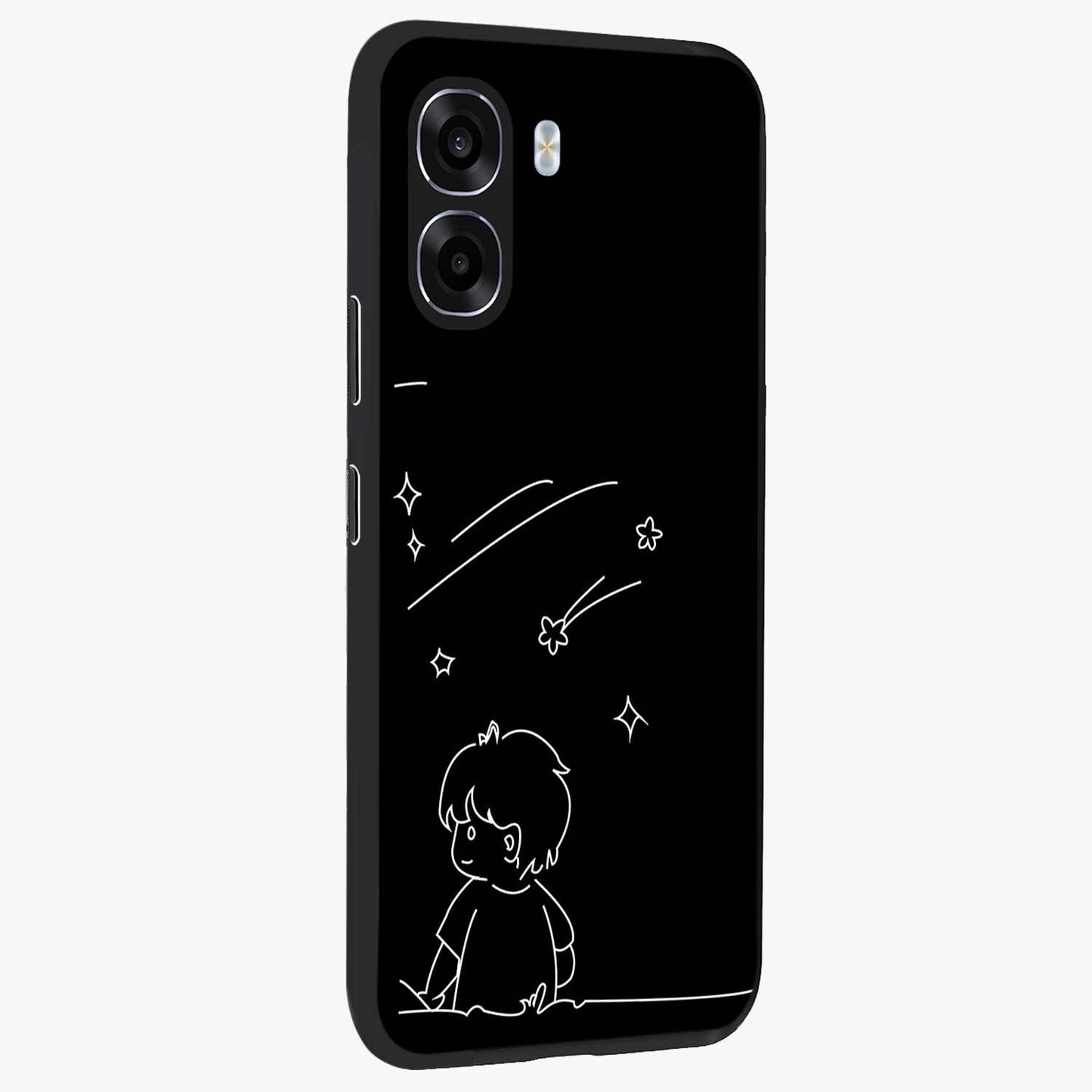 Line Art Boy With Shooting Stars Glass Case upright view showcasing artistic shooting star illustration with minimal style.