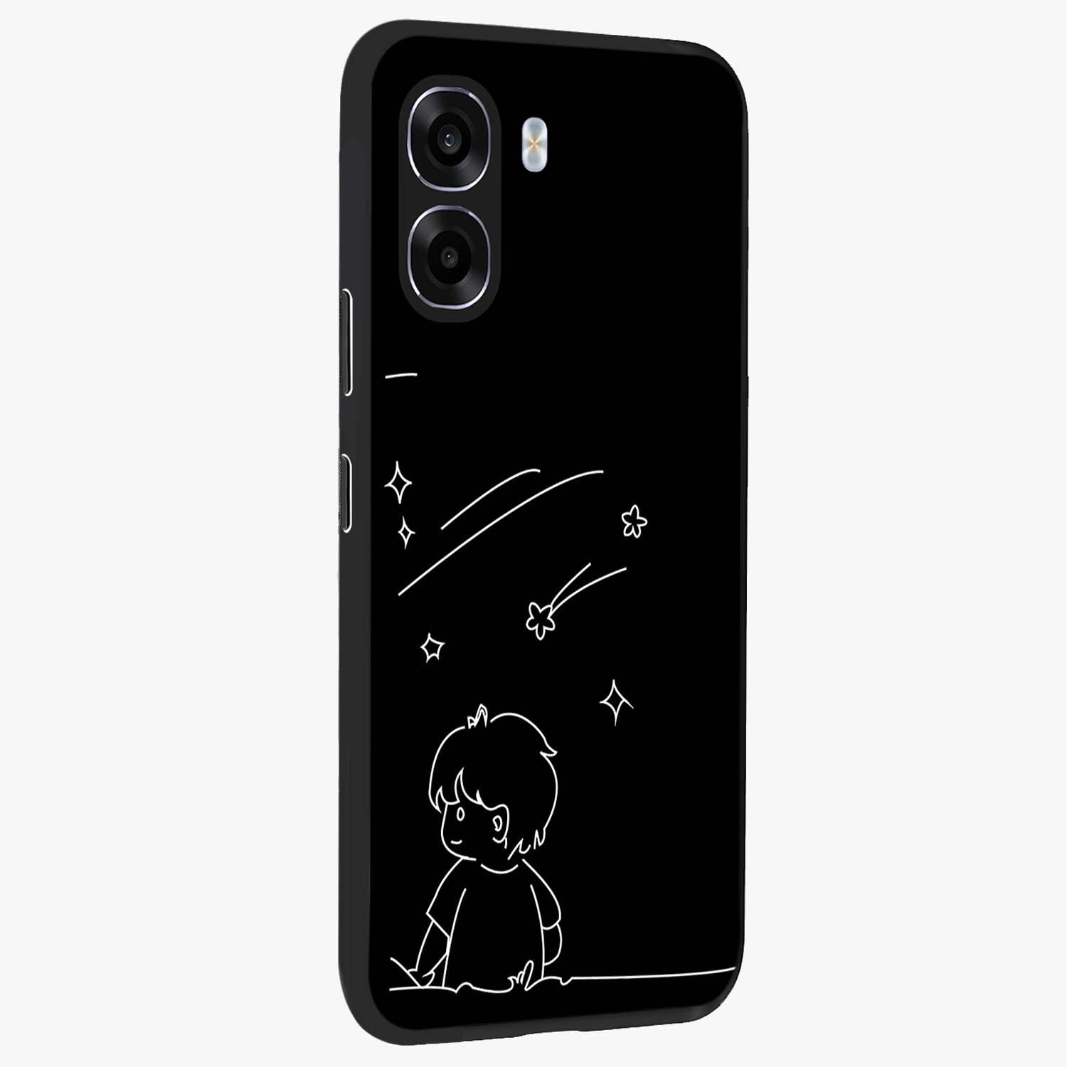 Line Art Boy With Shooting Stars Glass Case upright view showcasing artistic shooting star illustration with minimal style.