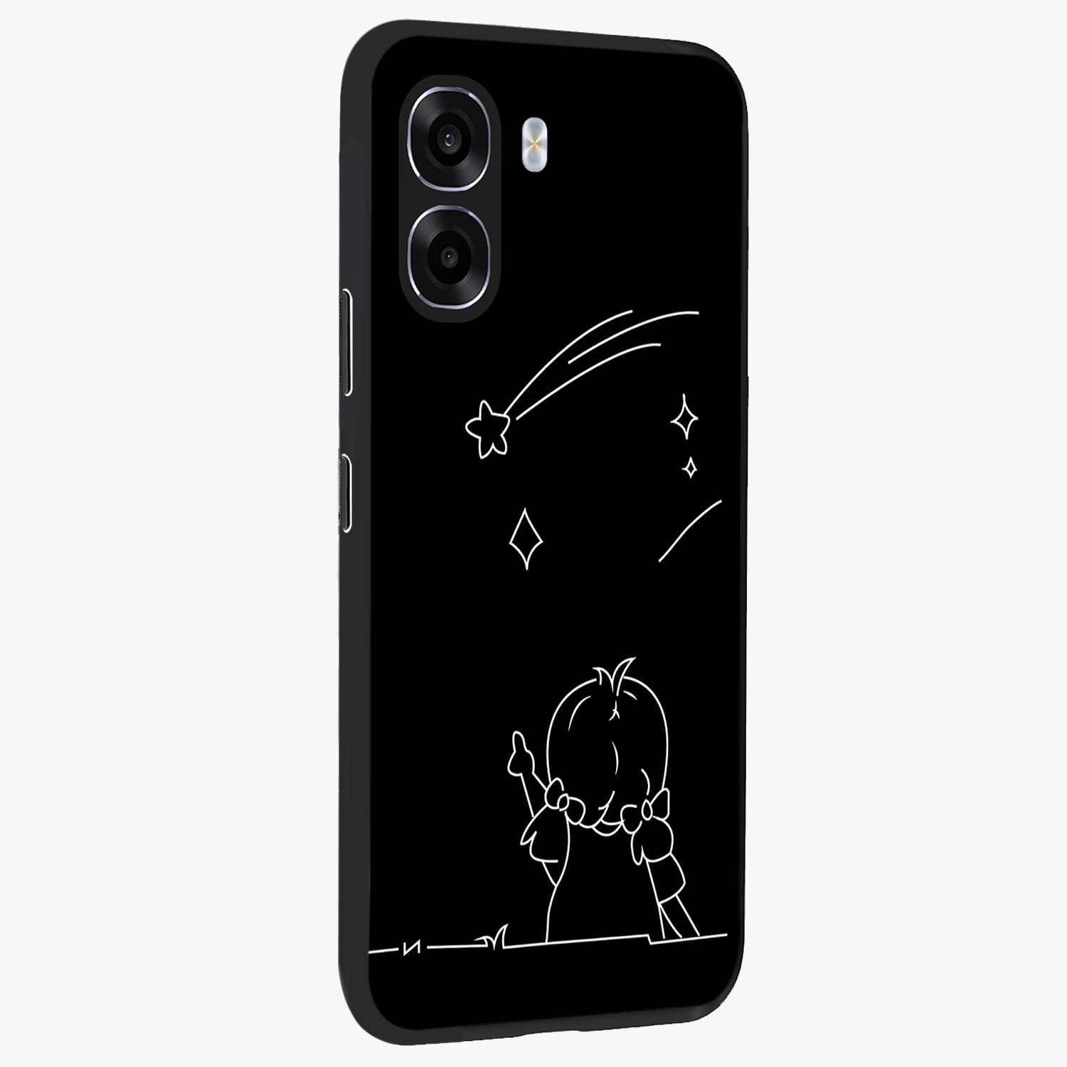 Line Art Girl With Shooting Stars Glass Case upright view showcasing delicate shooting stars artwork with minimal artistic theme.