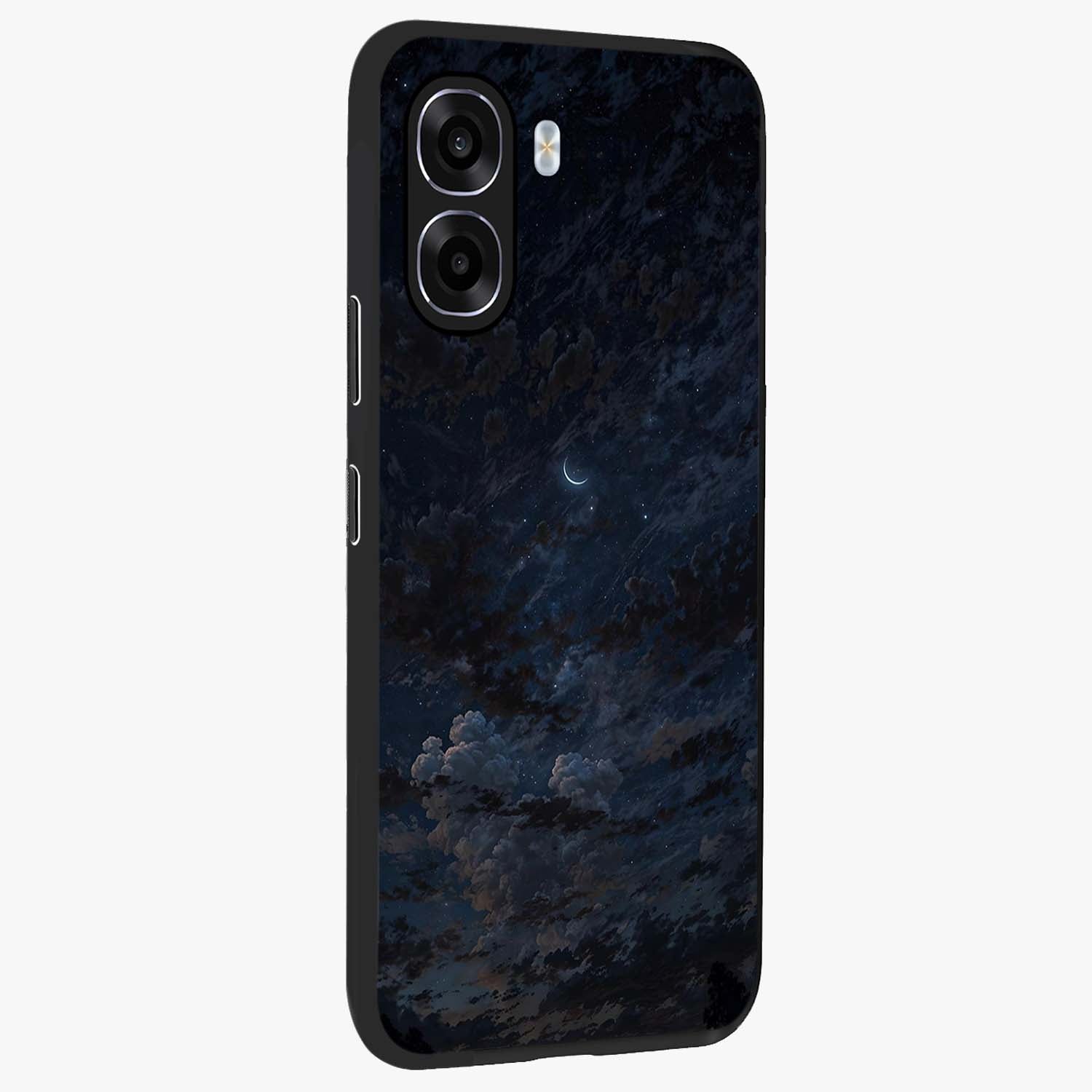 Lunar Veil Silence Glass Case upright view showcasing calm moon themed artwork with serene night atmosphere.