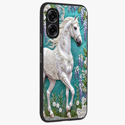 Majestic Floral Stallion Glass Case upright view showcasing dramatic horse artwork with decorative floral theme.