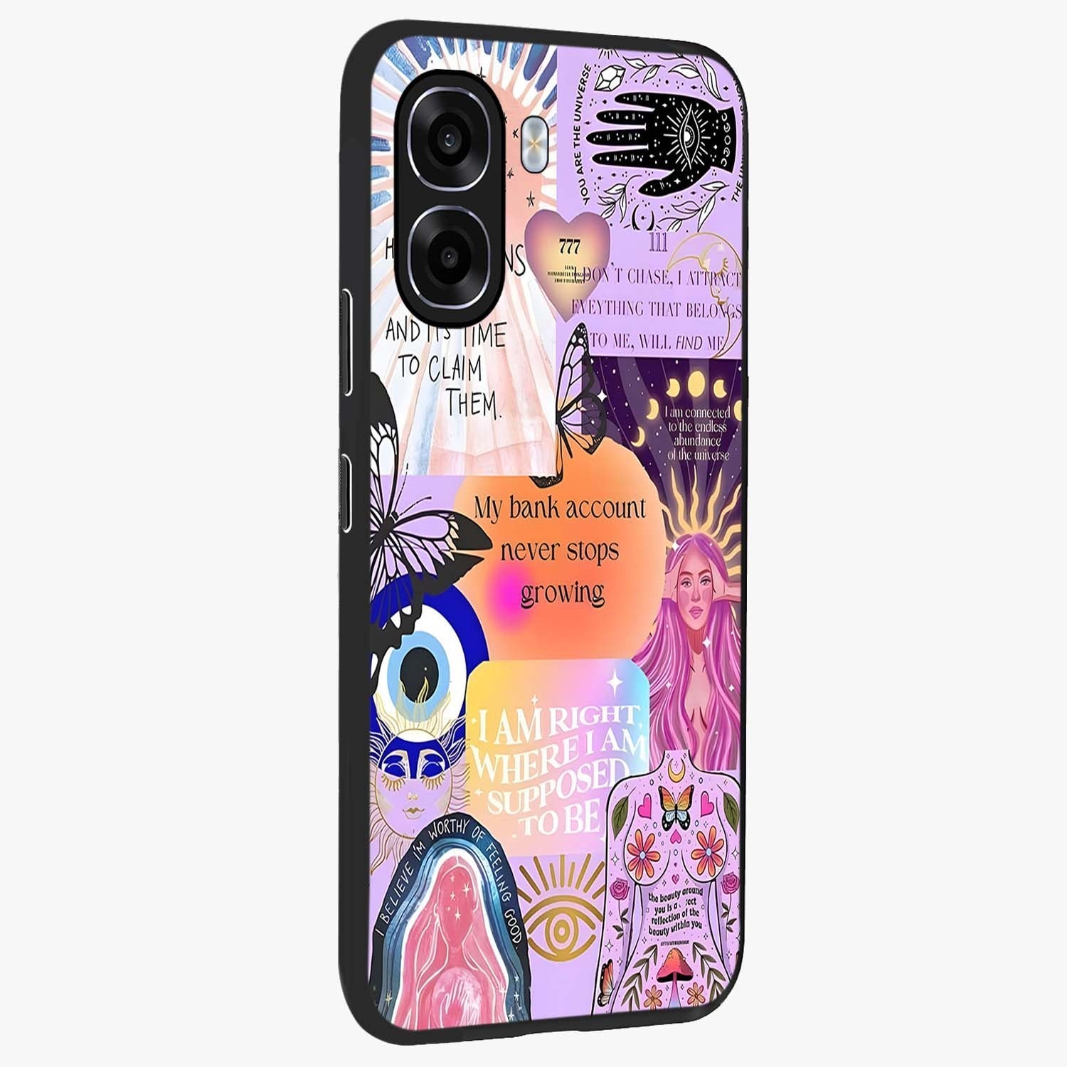 Manifestation Collage Glass Case upright view showcasing artistic manifestation themed artwork with creative style.