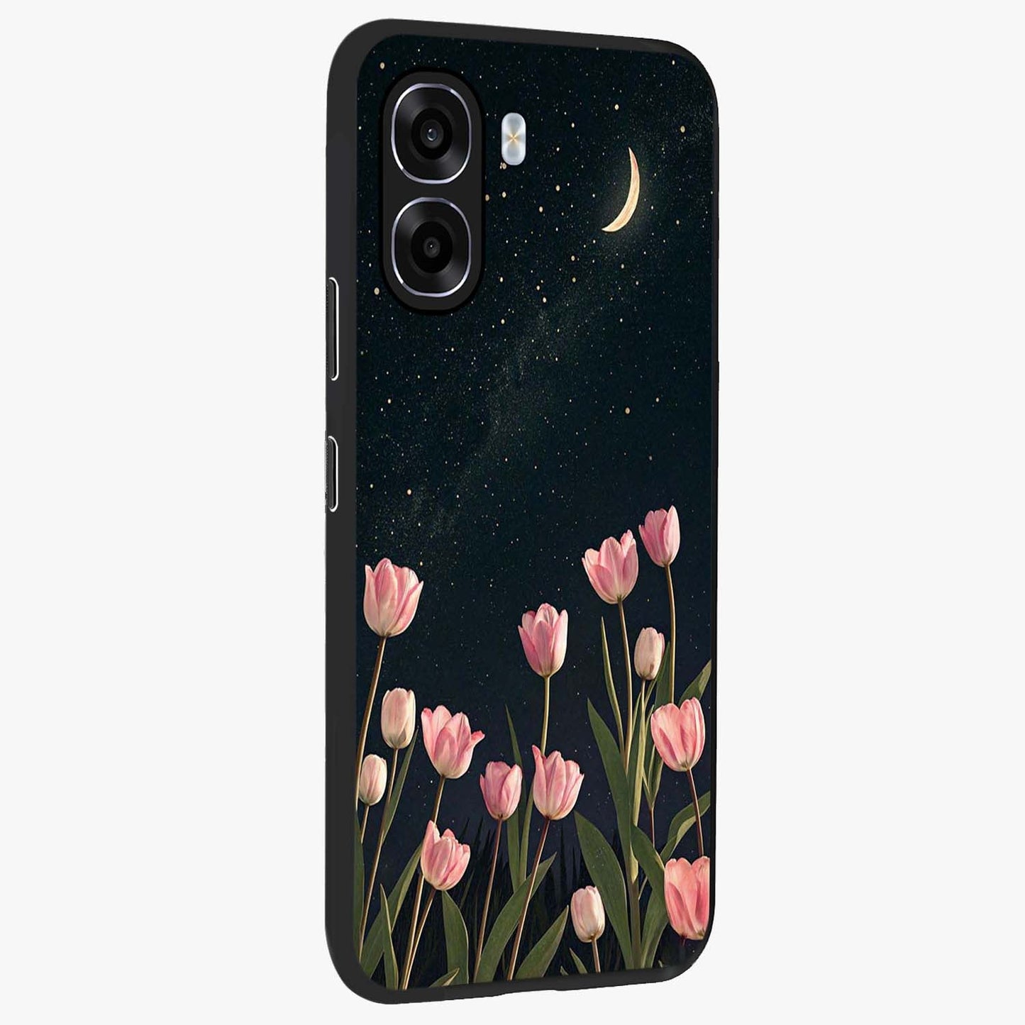 Midnight Tulip Whispers Vibe Glass Case upright view showcasing graceful tulip artwork with calm botanical theme.