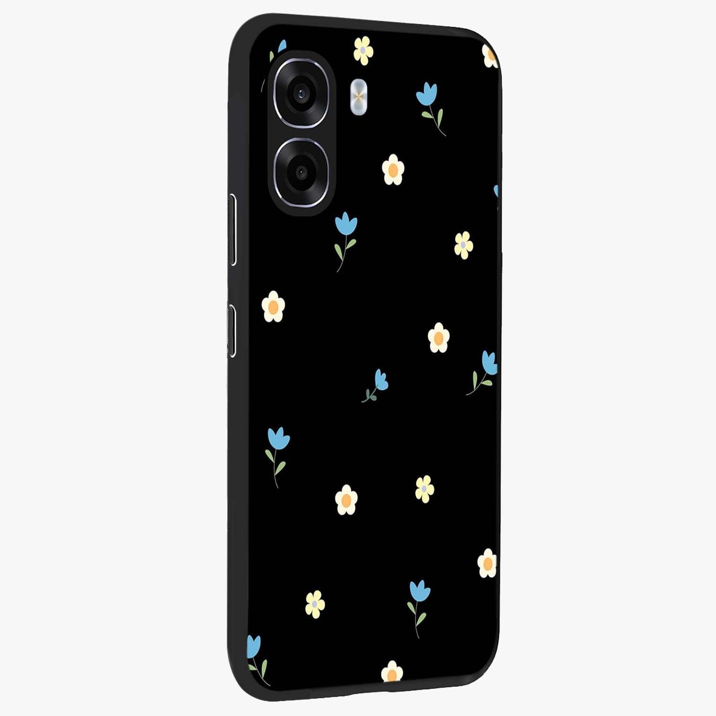 Minimal Petal Whispers Glass Case upright view showcasing elegant floral artwork with modern minimalist style.