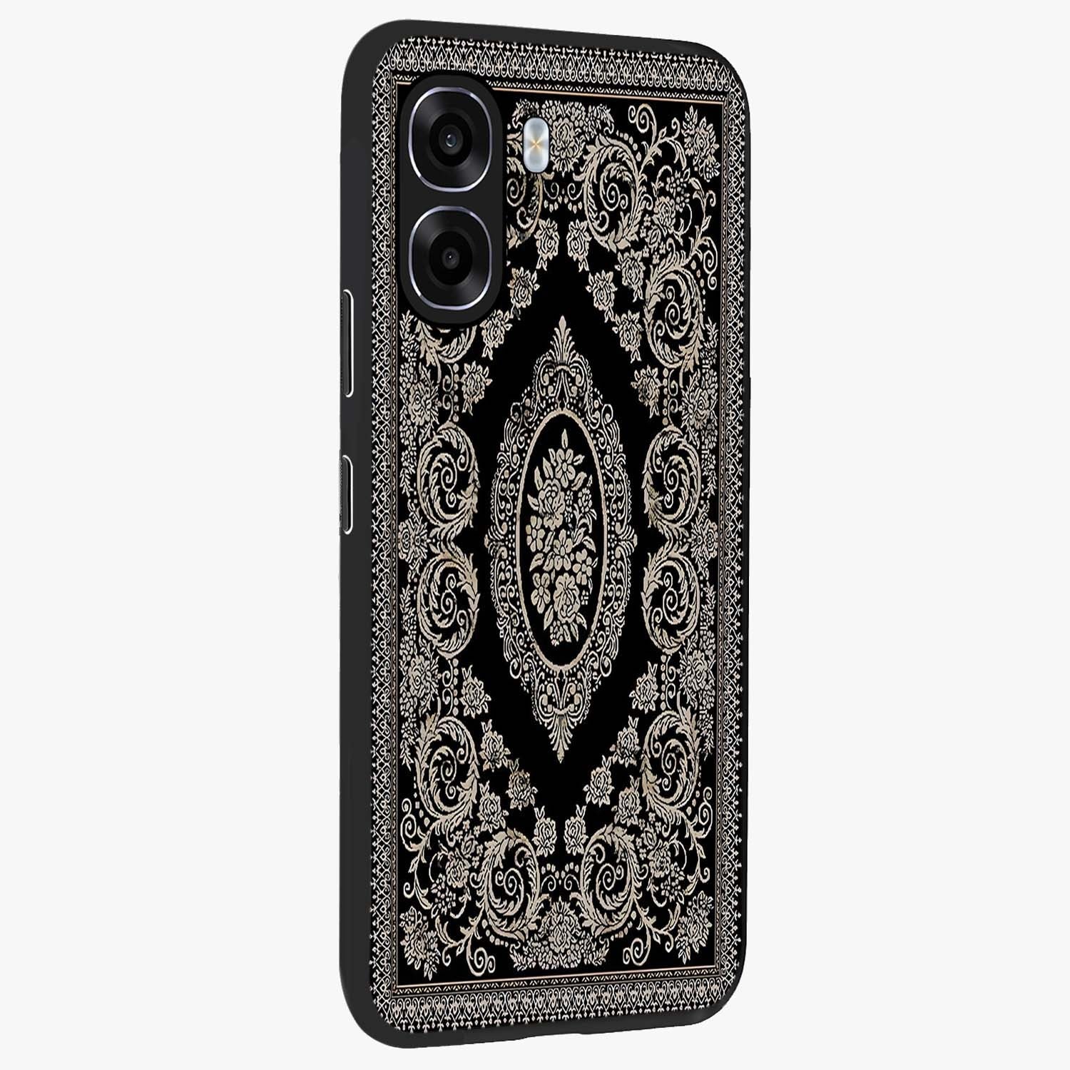Noir Bloom Elegance Glass Case upright view showcasing graceful floral artwork with luxurious dark theme.