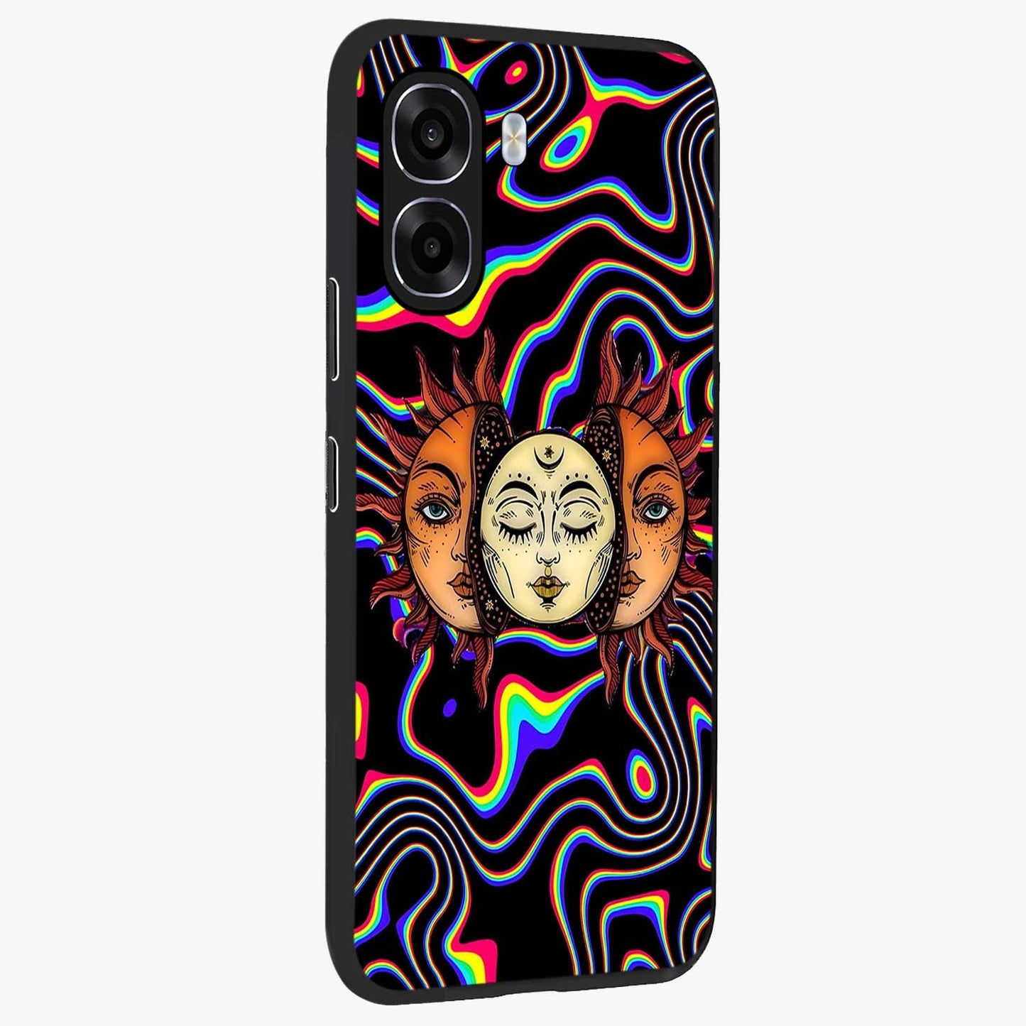 Psychedelic Sun Glass Case upright view showcasing trippy sun artwork with bold psychedelic theme.