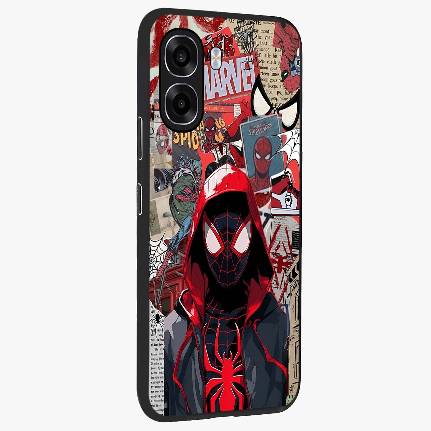 Spider Collage Street Glass Case upright view showcasing bold superhero artwork with urban street theme.