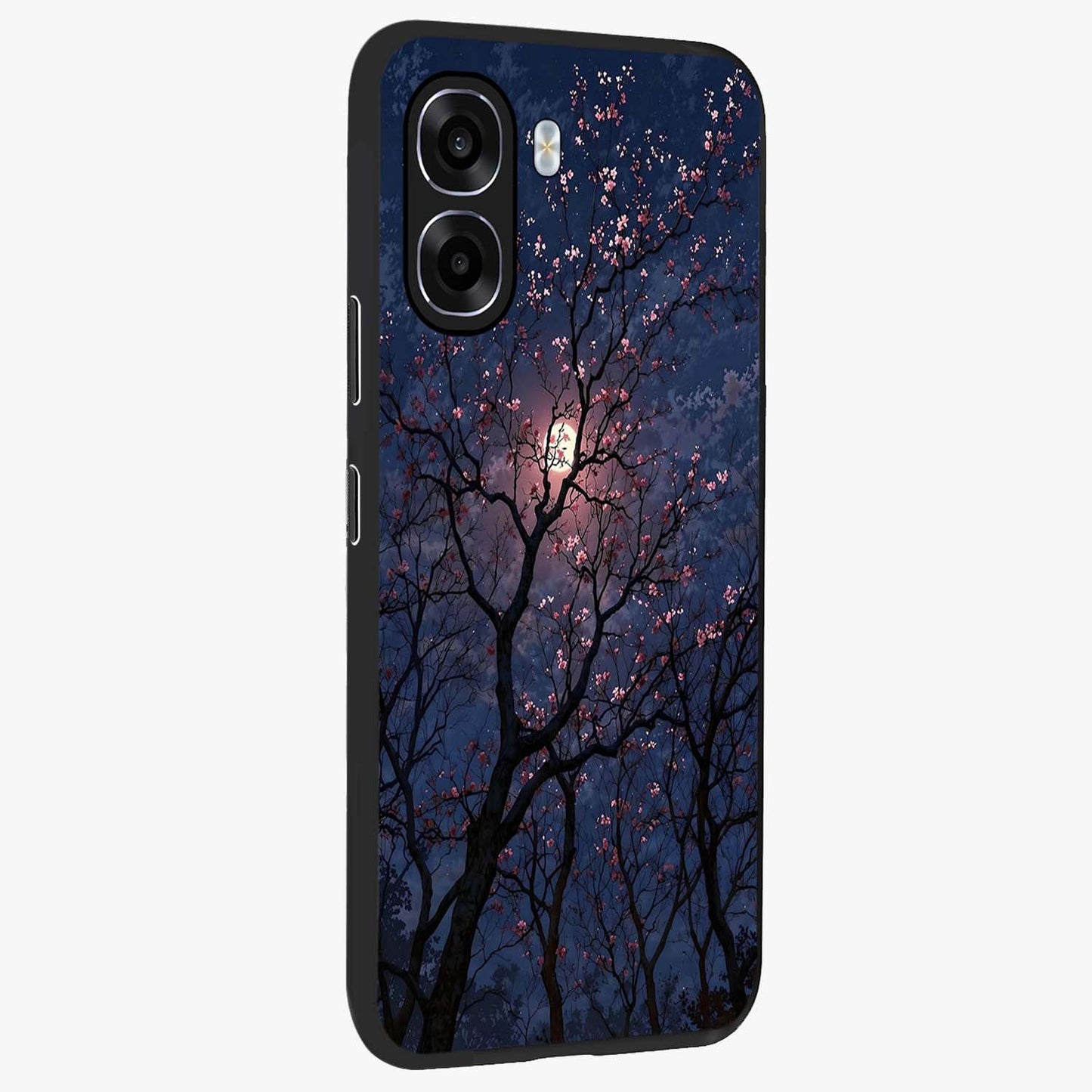Twilight Sakura Serenade Glass Case upright view showcasing beautiful cherry blossom artwork with serene evening theme.