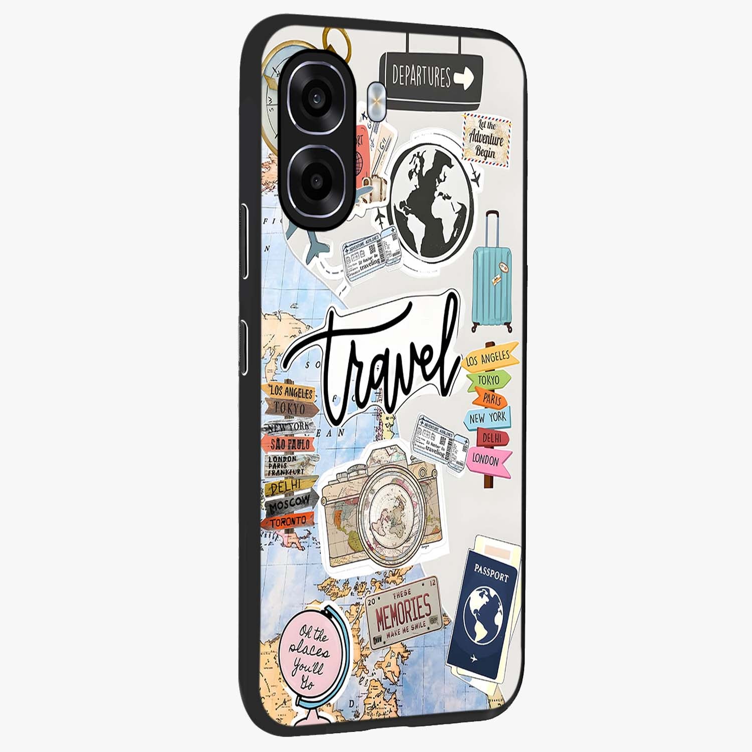 Wanderlust Journal Glass Case upright view showcasing wanderlust inspired artwork with creative exploration theme.