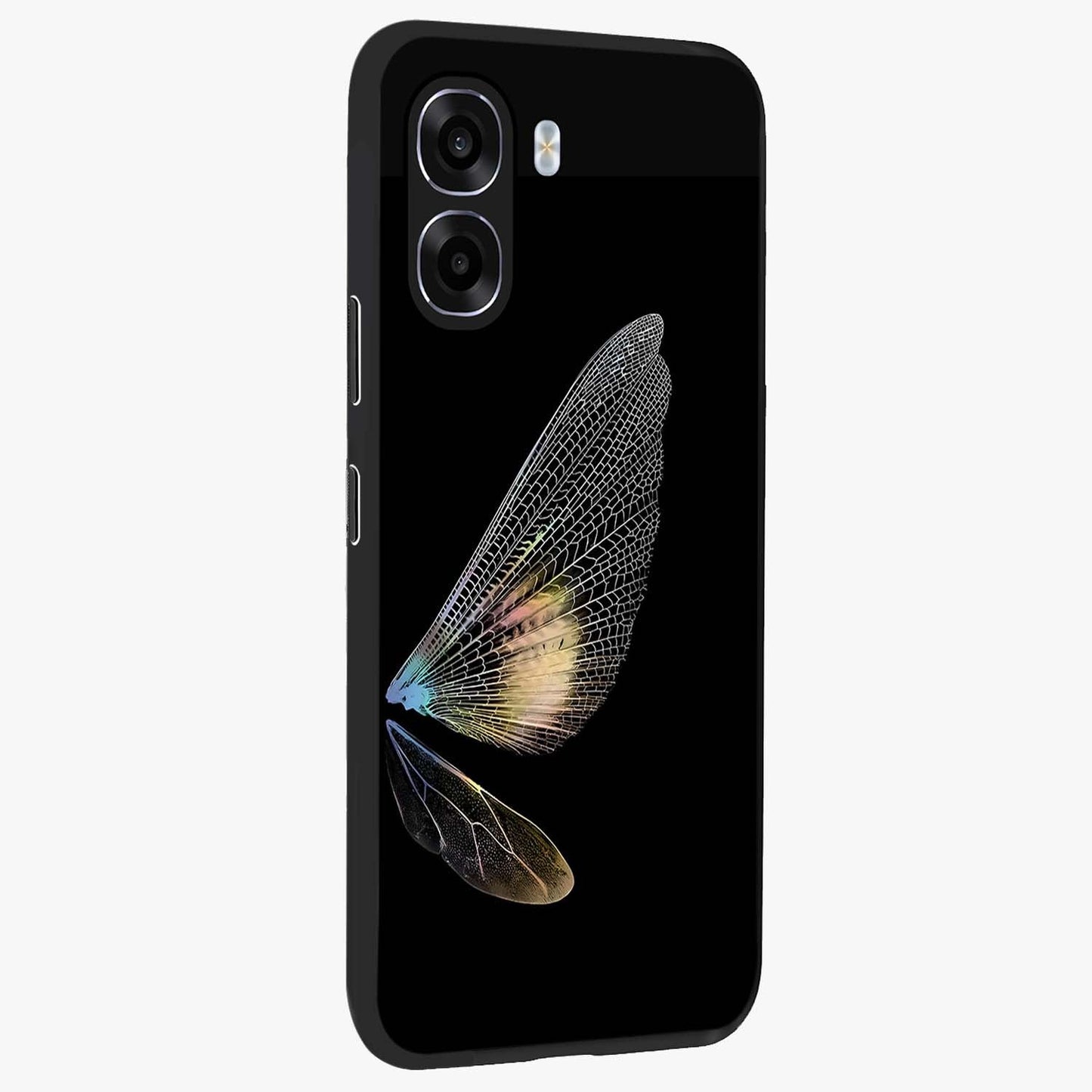 Whispers Of Wings Glass Case upright view showcasing elegant wing artwork with light airy theme.