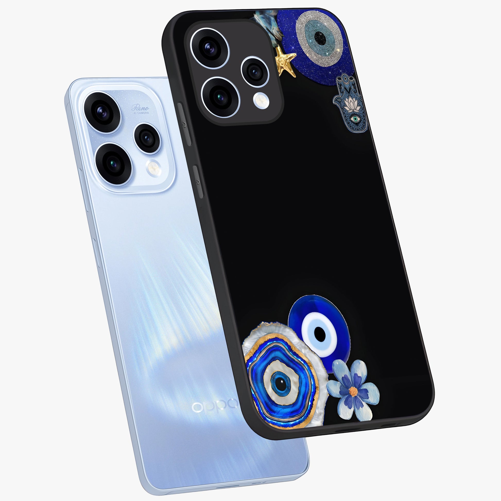 Aesthetic Blue Evil Eye Glass Case displayed in angled mockup highlighting blue evil eye symbol and spiritual aesthetic design.