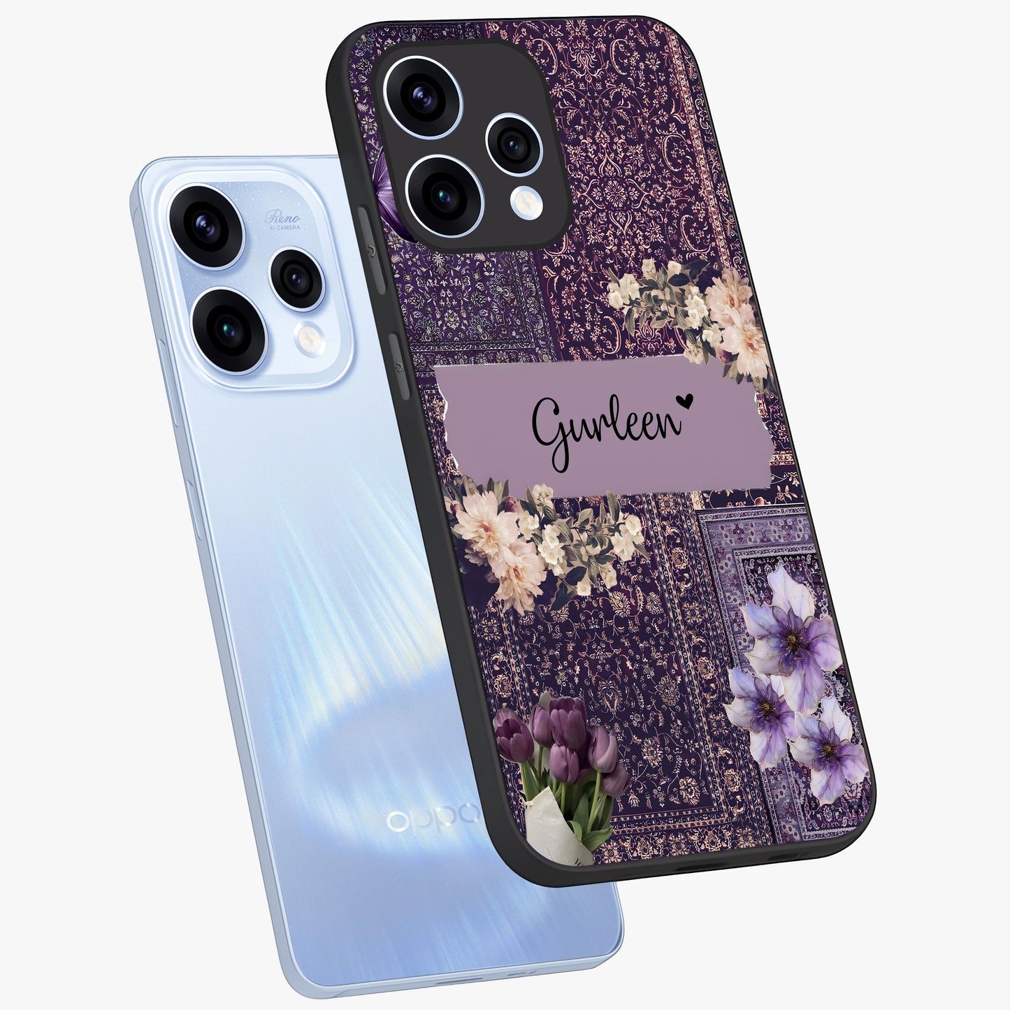 Antique Floral Whisper Custom Name Glass Case displayed in angled mockup highlighting elegant antique floral aesthetic.