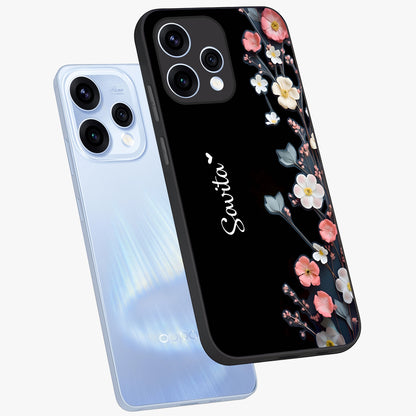 Black Elegance Floral Custom Name Glass Case displayed in angled mockup highlighting dark floral aesthetic and custom name feature.