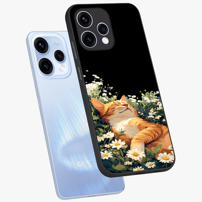 Blissful Bloom Cat Glass Case displayed in angled mockup highlighting playful feline illustration with soft floral aesthetic.