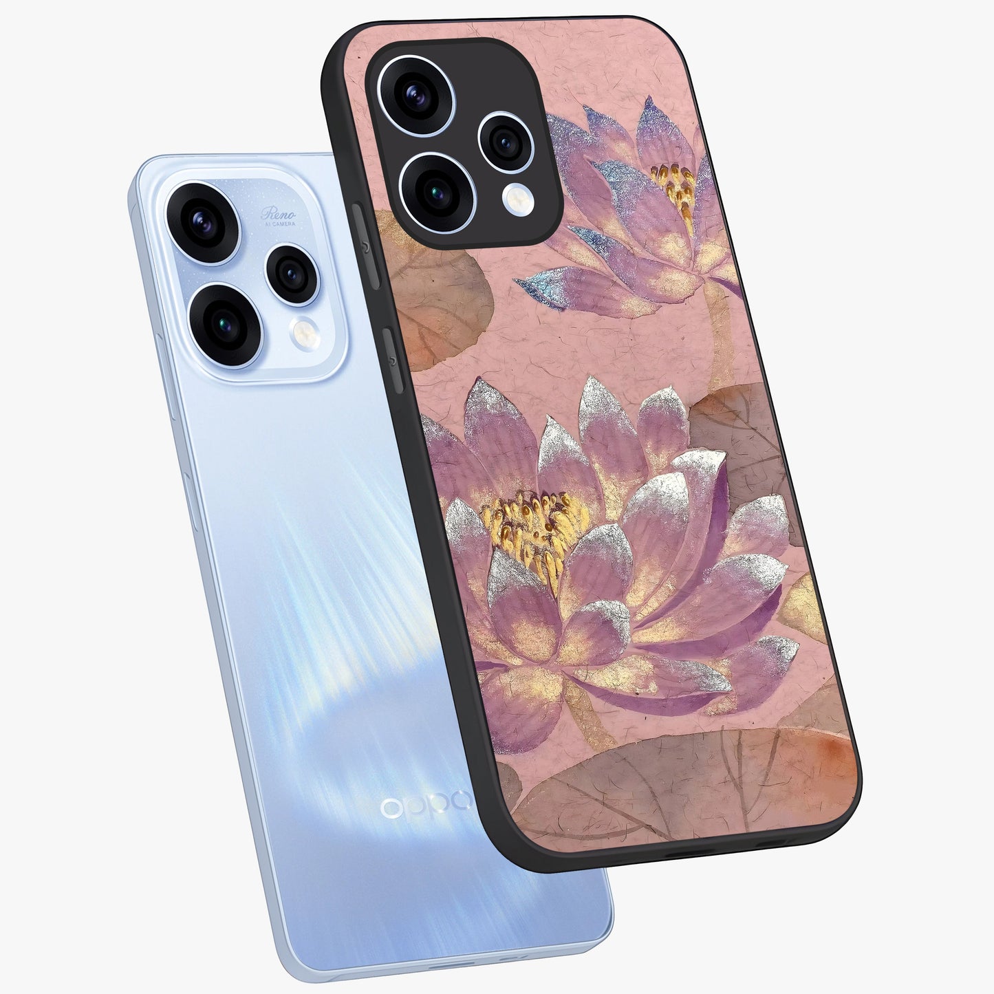 Blossom Mist Lotus Glass Case displayed in angled mockup highlighting delicate lotus illustration with calm aesthetic theme.