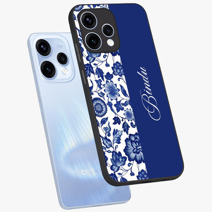Blue Vintage Floral Pattern Glass Case displayed in angled mockup highlighting subtle bloom pattern with aesthetic pastel design.