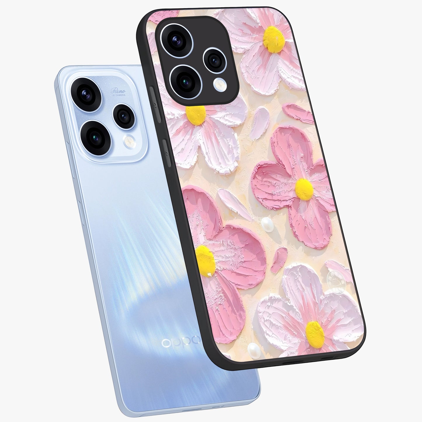 Blush Bloom Texture Glass Case displayed in angled mockup highlighting subtle bloom pattern with aesthetic pastel design.