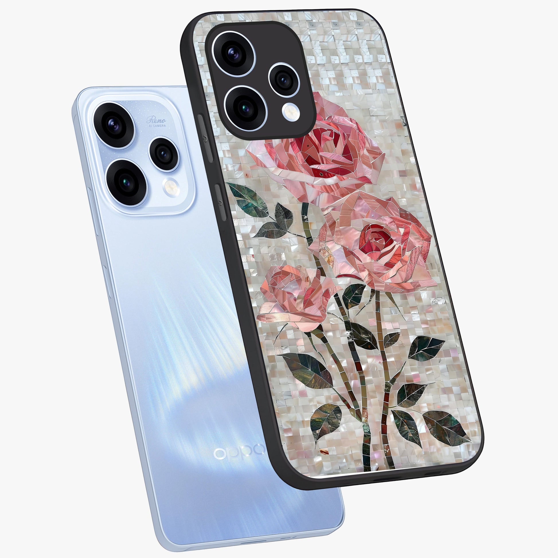 Blush Mosaic Bloom Glass Case displayed in angled mockup highlighting artistic mosaic flower pattern with aesthetic design.