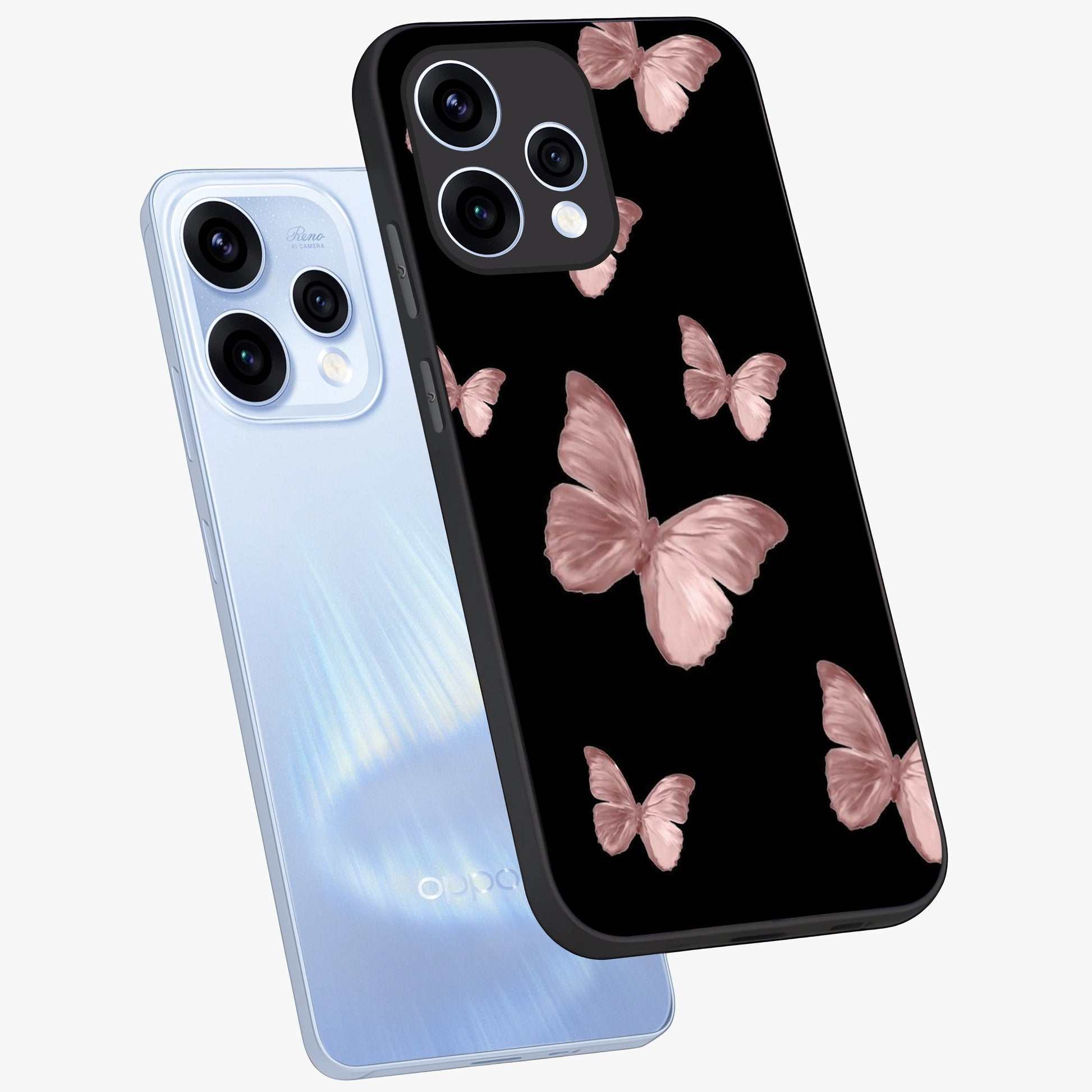Butterfly Pattern Glass Case displayed in angled mockup highlighting delicate butterfly design and aesthetic pattern style.
