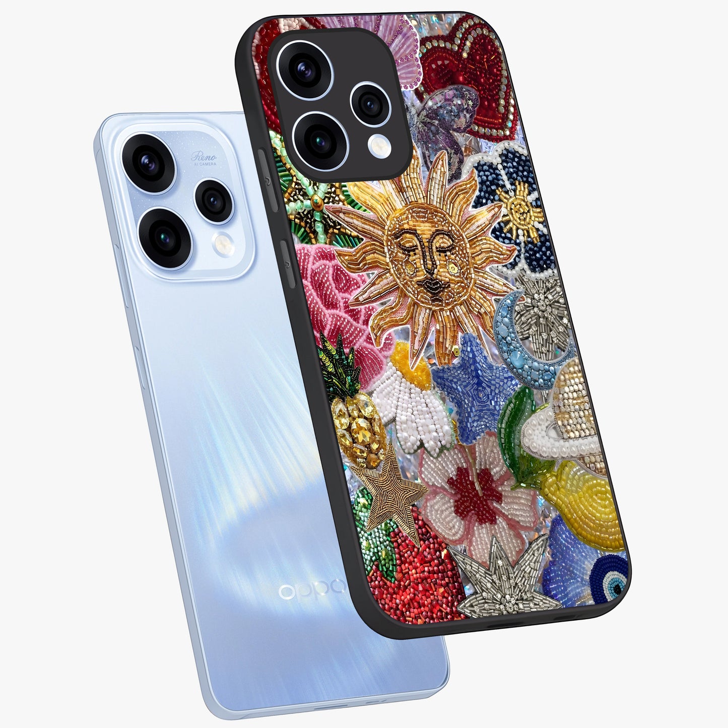 Celestial Floral and Playful Glass Case displayed in angled mockup highlighting playful floral design with dreamy celestial elements.