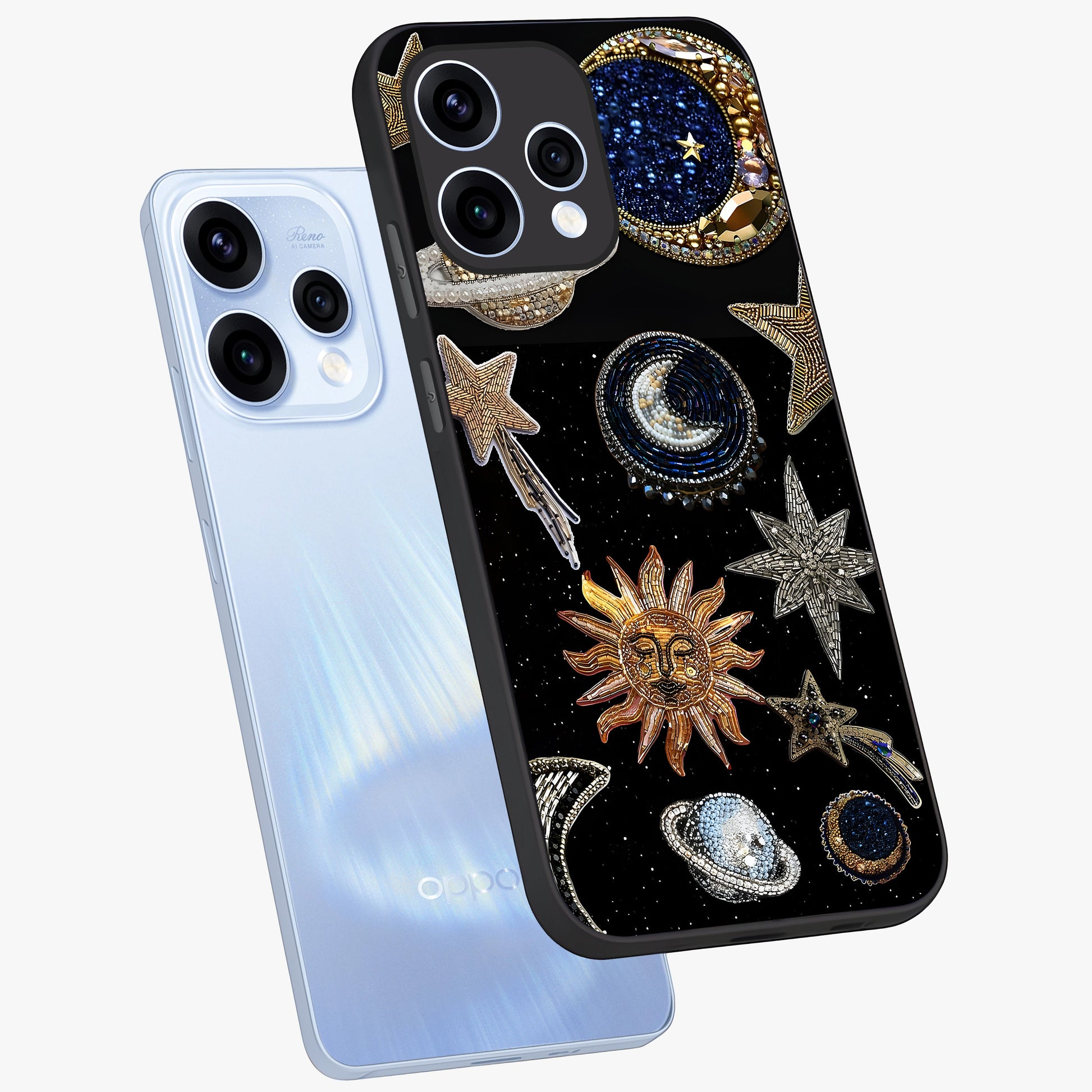 Celestial Gem Constellations Glass Case displayed in angled mockup highlighting gemstone inspired constellation design.