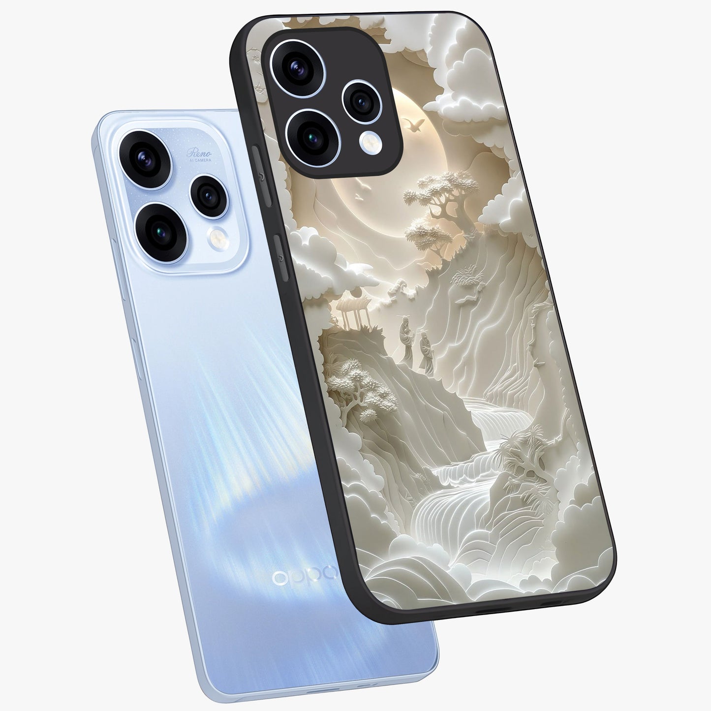 Celestial Origami Glass Case displayed in angled mockup highlighting geometric origami design with cosmic aesthetic theme.