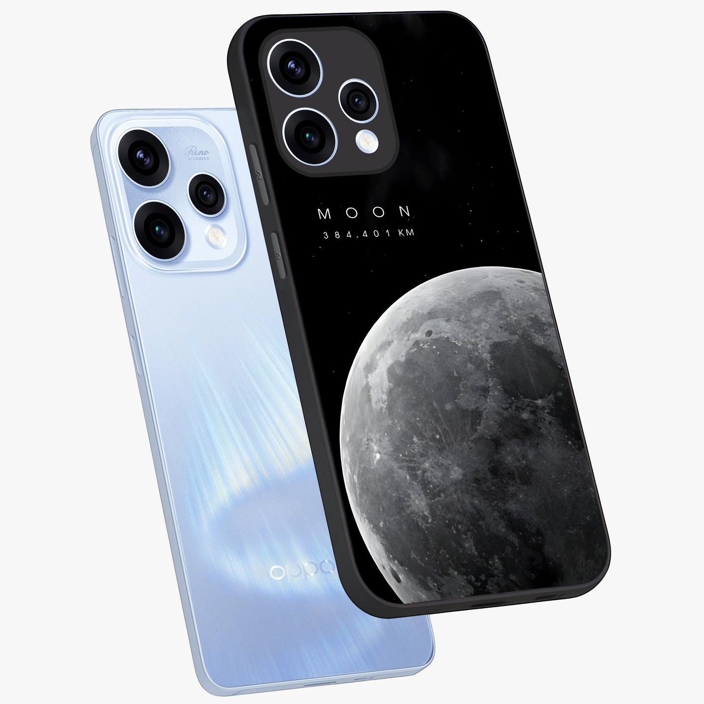 Cosmic Moon Glow Glass Case displayed in angled mockup highlighting celestial moon design with cosmic aesthetic theme.