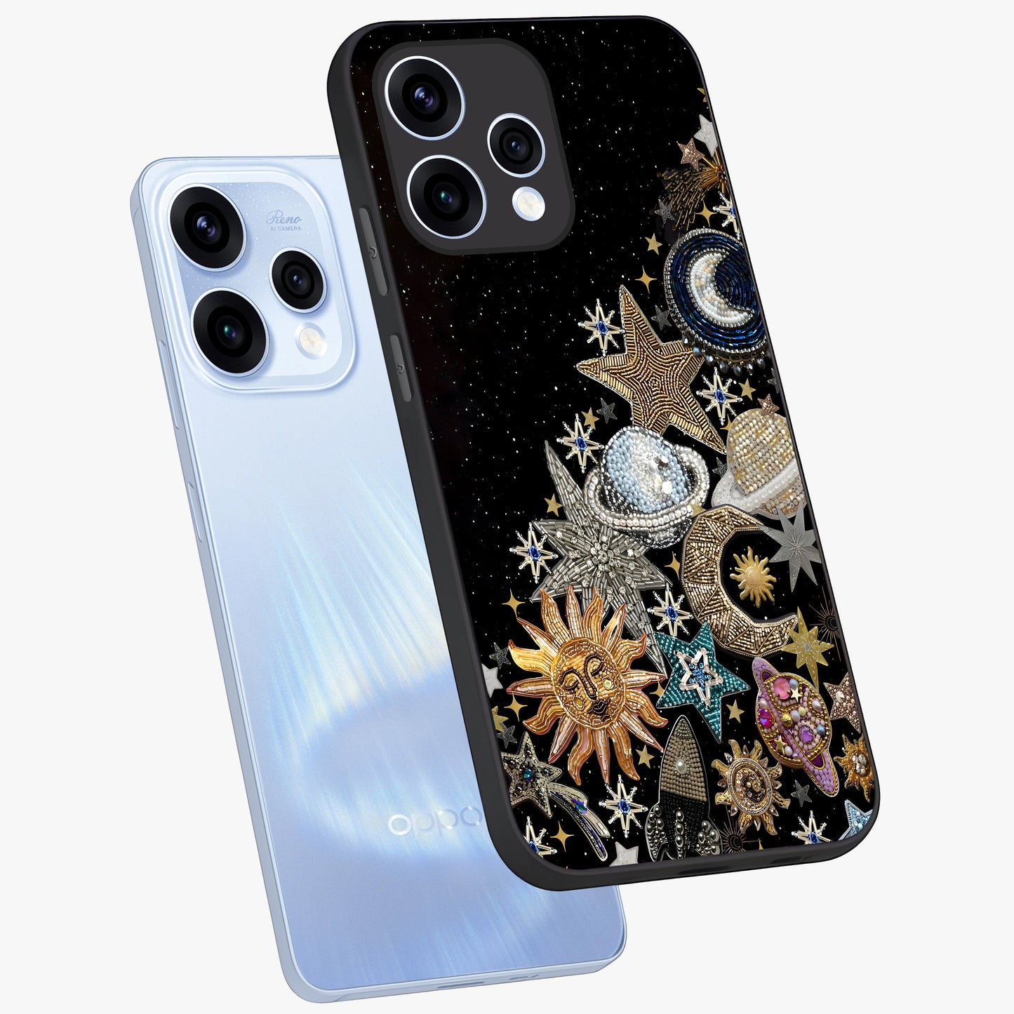 Cosmic Sparkle Dreams Glass Case displayed in angled mockup highlighting dreamy star sparkle design with celestial aesthetic.