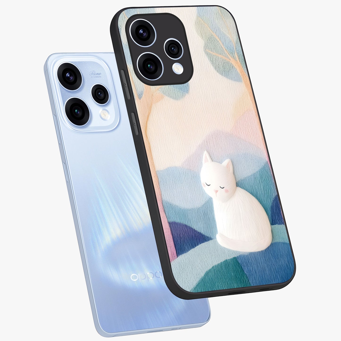 Cotton Dream Cat Glass Case displayed in angled mockup highlighting cute feline illustration with pastel aesthetic style.