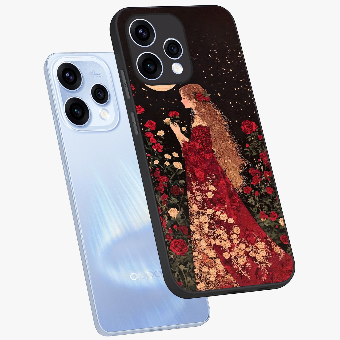 Crimson Dreams Glass Case displayed in angled mockup highlighting soft crimson aesthetic design with artistic theme.