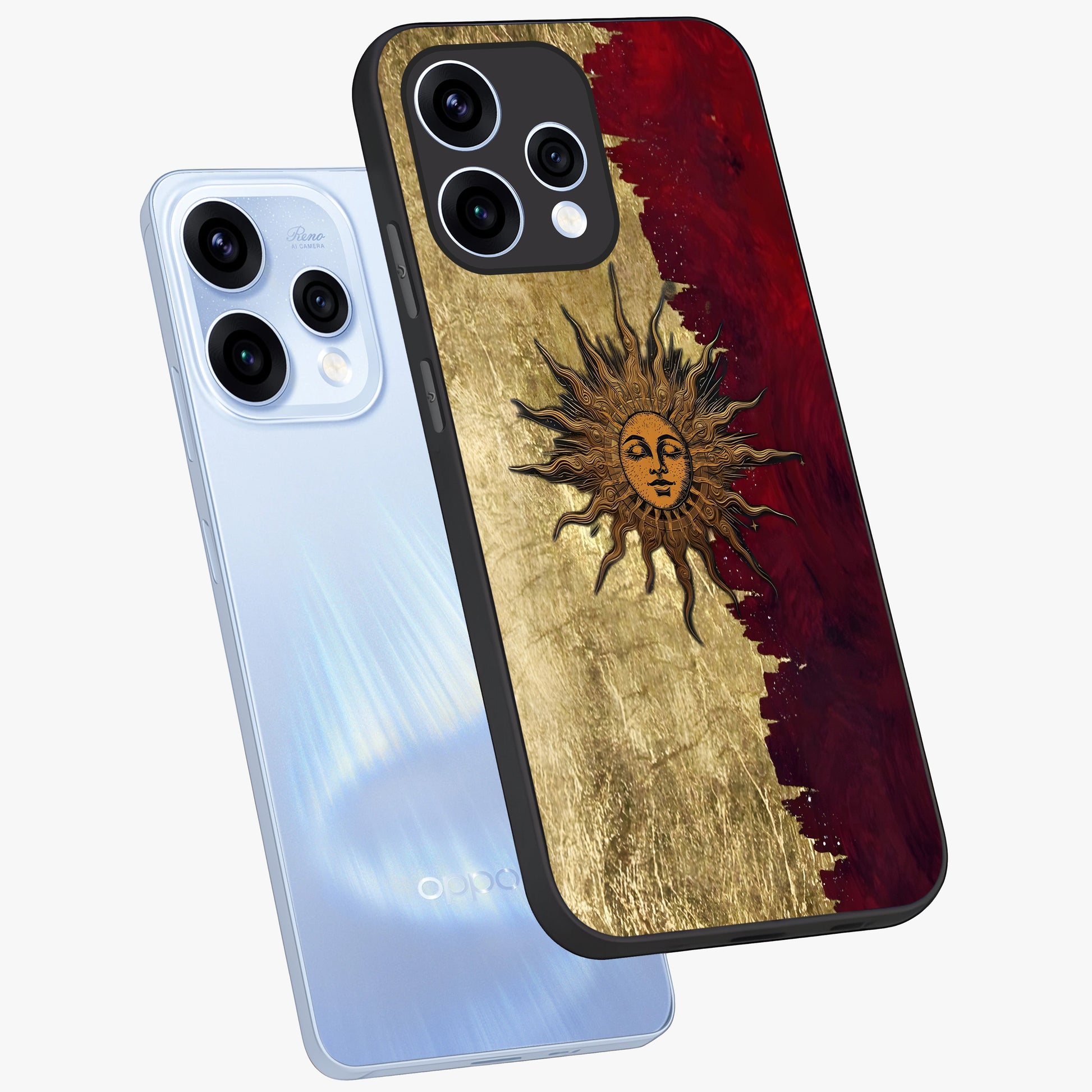 Crimson Sun Majesty Glass Case displayed in angled mockup highlighting majestic crimson sun design with bold aesthetic style.
