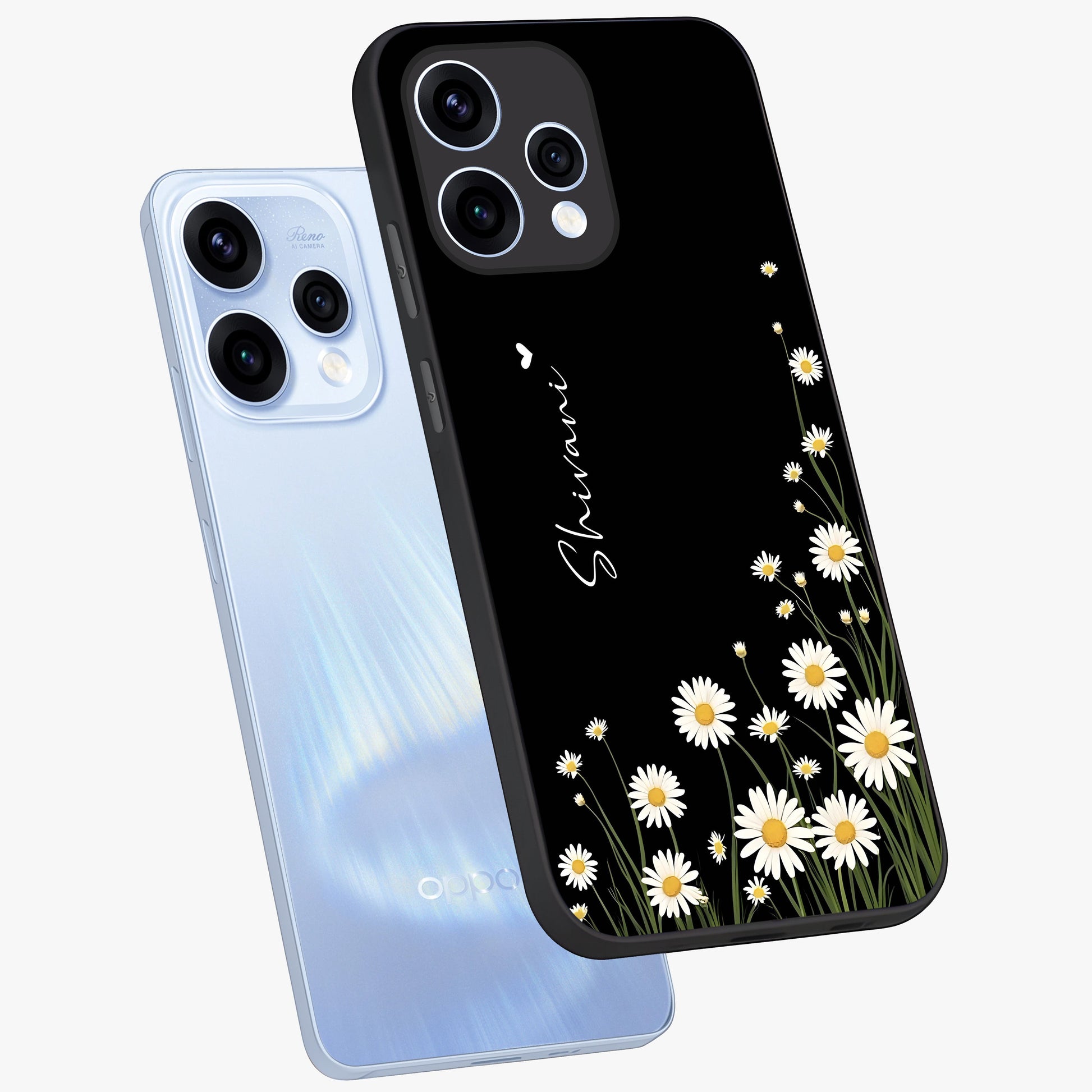 Daisy Cascade Custom Name Glass Case displayed in angled mockup highlighting delicate daisy artwork with custom name feature.