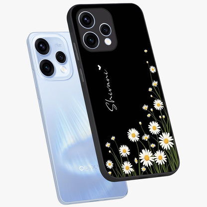 Daisy Cascade Custom Name Glass Case displayed in angled mockup highlighting delicate daisy artwork with custom name feature.