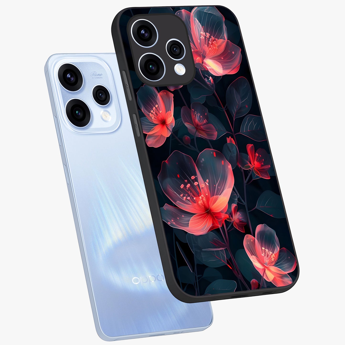 Dark Shade of Flower Glass Case displayed in angled mockup highlighting moody floral illustration with aesthetic dark tones.