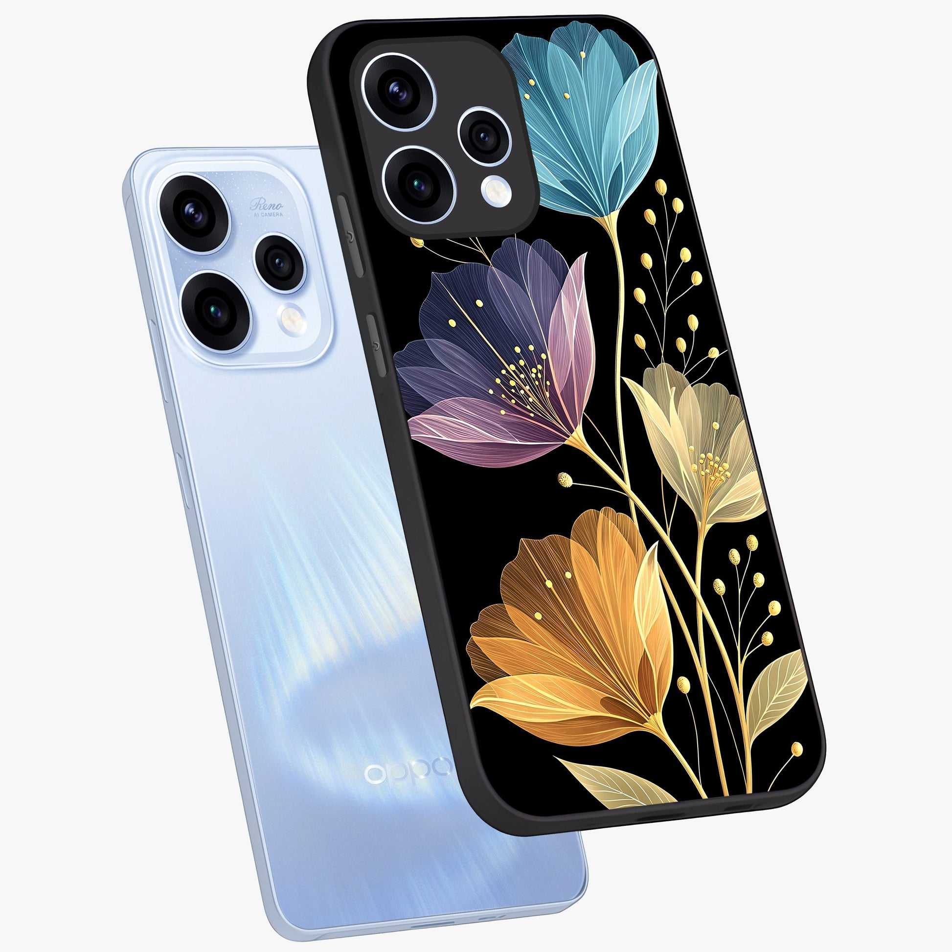Delicate Multicolor Flowers Glass Case displayed in angled mockup highlighting colorful flower pattern with soft aesthetic style.
