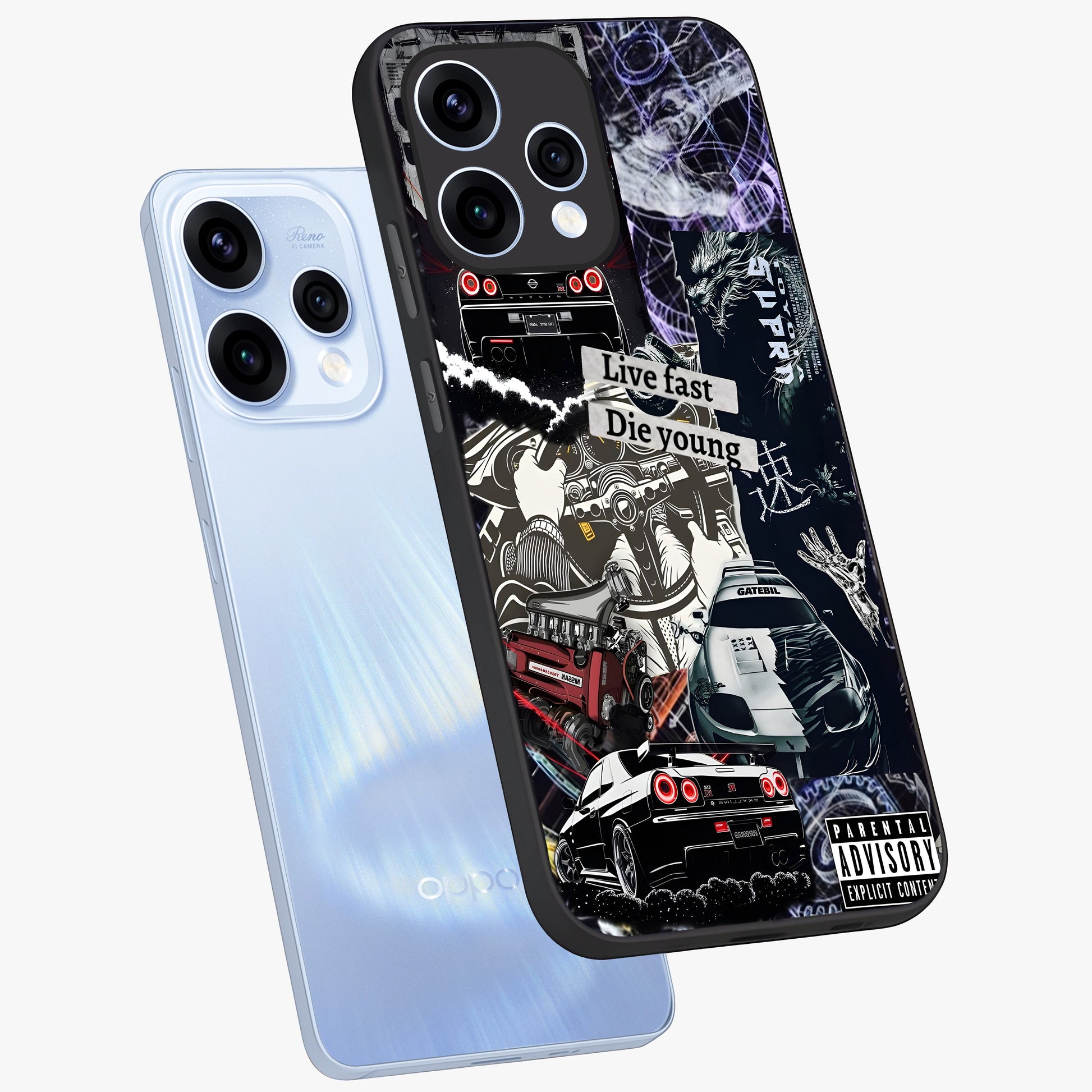Die Young Glass Case displayed in angled mockup highlighting expressive graphic artwork with edgy aesthetic style.