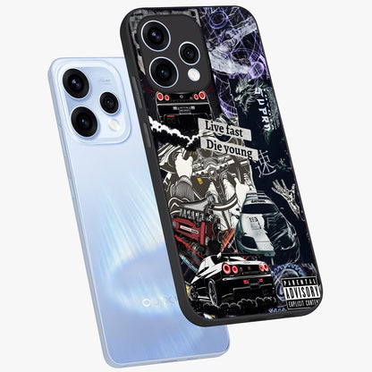 Die Young Glass Case displayed in angled mockup highlighting expressive graphic artwork with edgy aesthetic style.