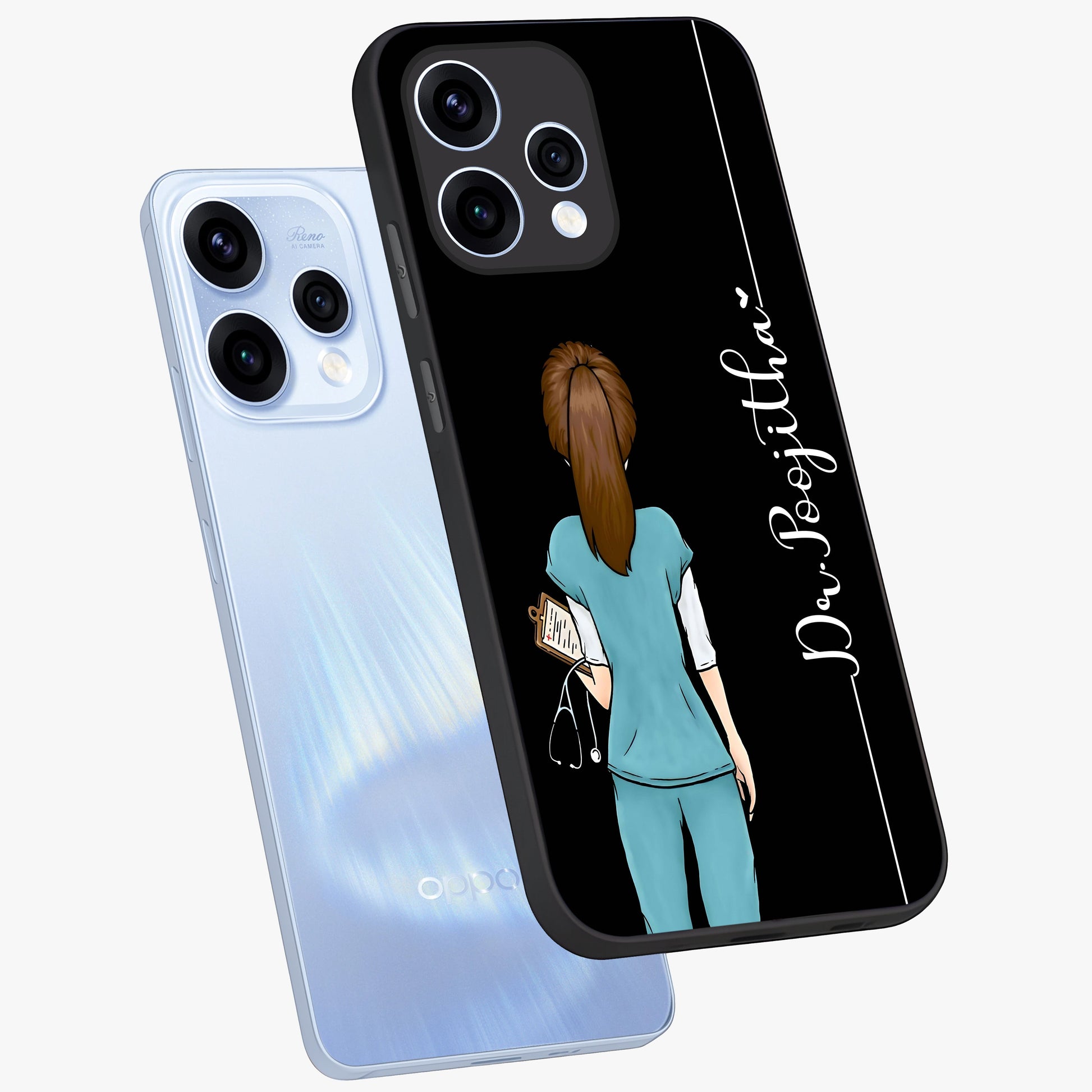 Doctor Pattern Custom Name Glass Case displayed in angled mockup highlighting doctor inspired artwork with custom name feature.
