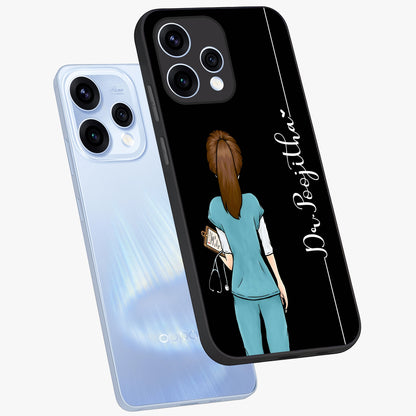Doctor Pattern Custom Name Glass Case displayed in angled mockup highlighting doctor inspired artwork with custom name feature.