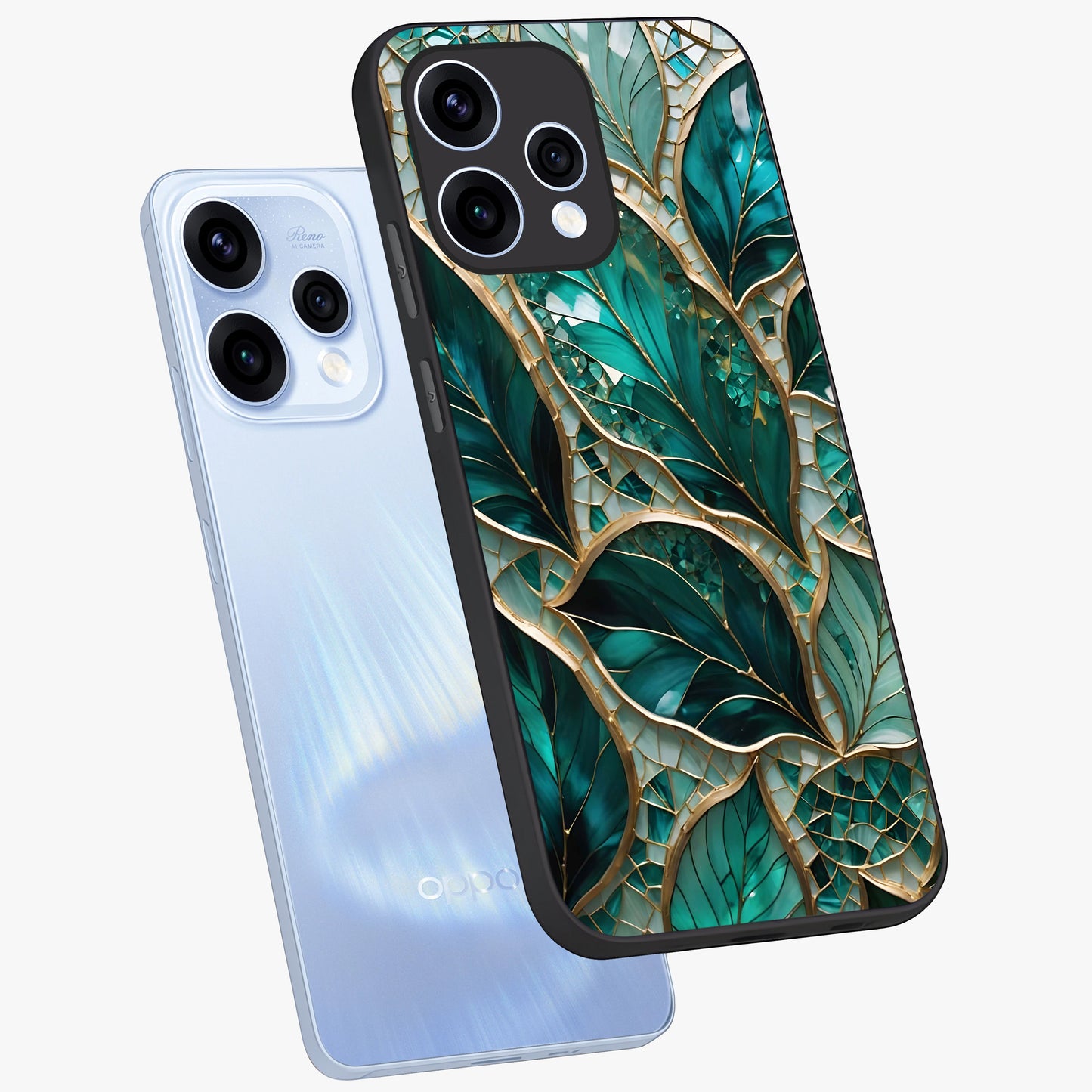Emerald Leaf Glass Glass Case displayed in angled mockup highlighting botanical leaf illustration with elegant natural aesthetic.