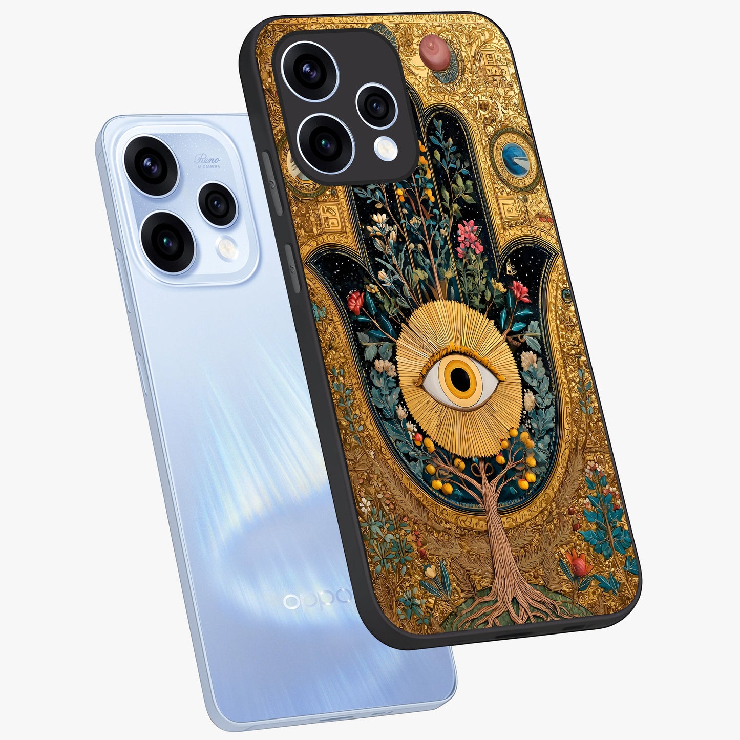 Ethereal Evil Eye Glass Case displayed in angled mockup highlighting protective evil eye symbol with spiritual aesthetic design.