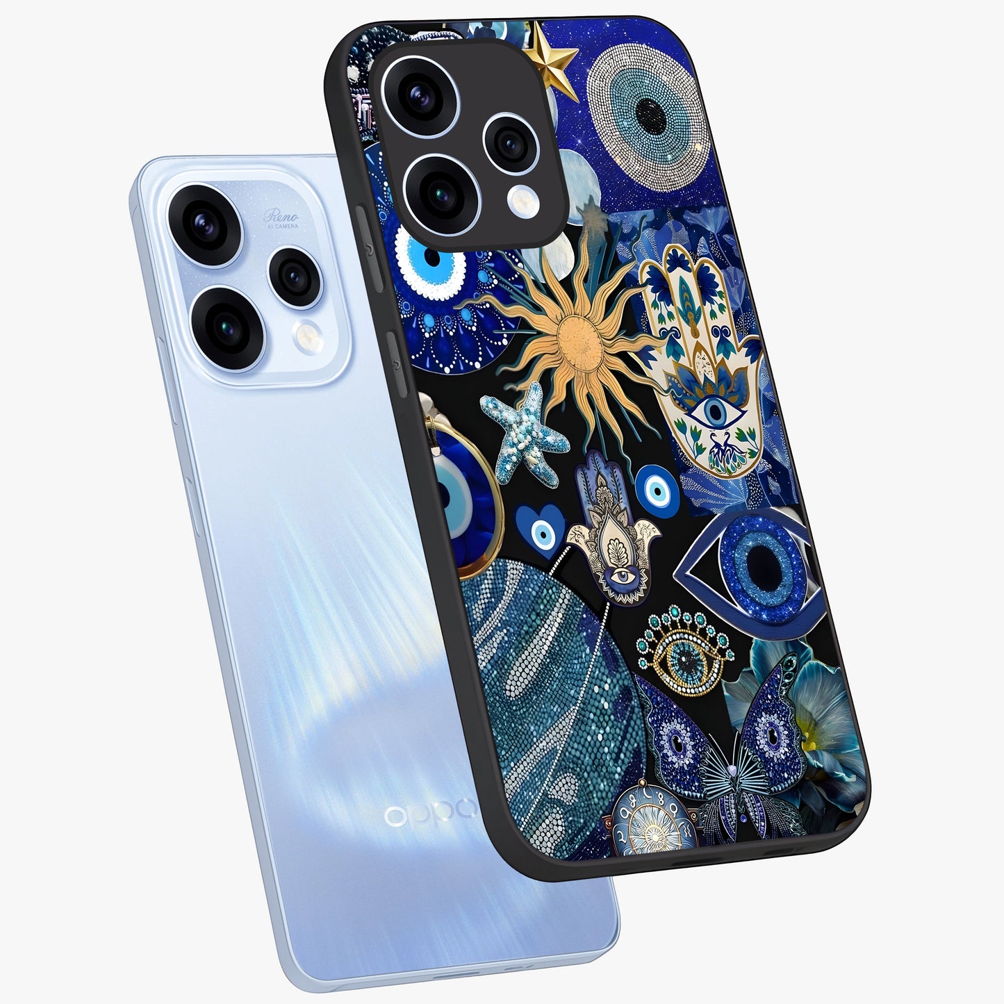 Evil Eye Charm Mix Glass Case displayed in angled mockup highlighting protective evil eye symbols with spiritual aesthetic design.