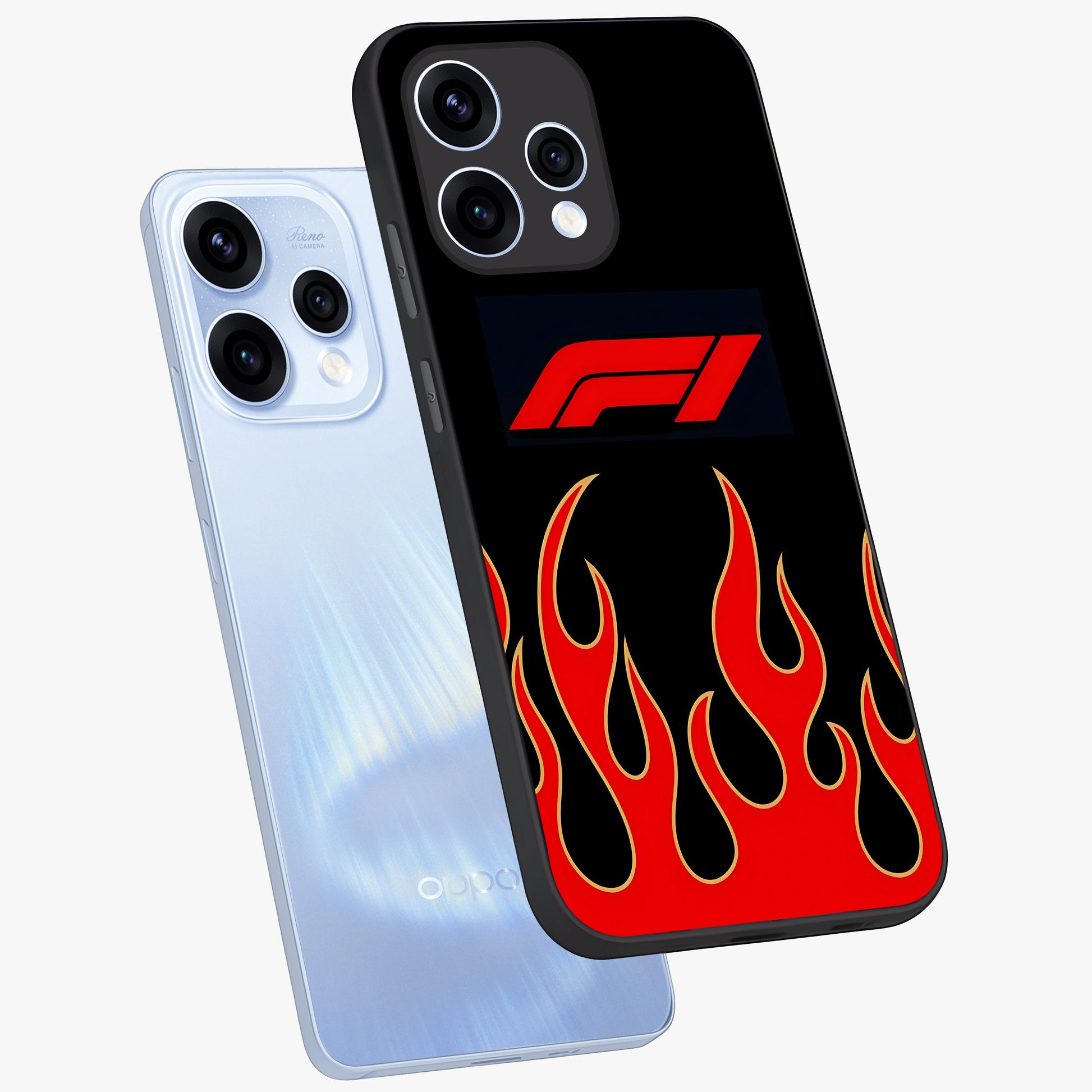 Fire F11 Glass Case displayed in angled mockup highlighting bold fire inspired graphic with energetic aesthetic style.