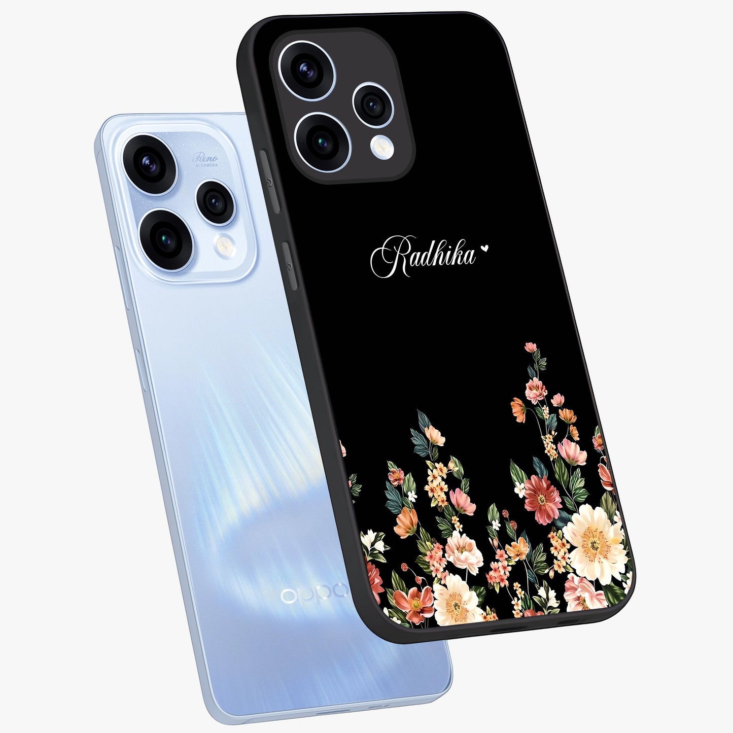 Floral Design With a Custom Personalized Name Glass Case displayed in angled mockup highlighting elegant floral pattern with custom name feature.